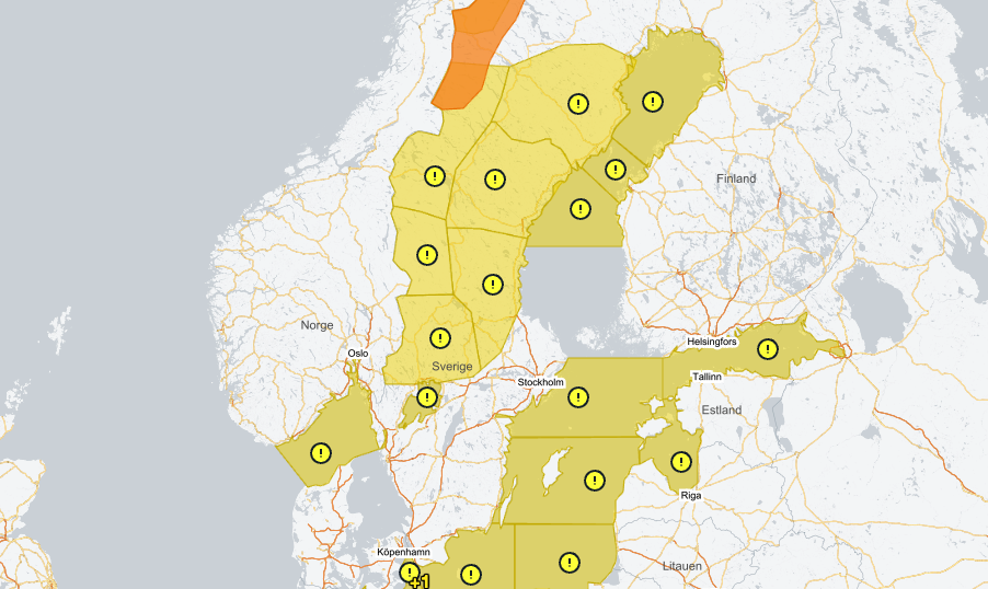 SMHI varnar för plötslig ishalka på de gula landområdena.