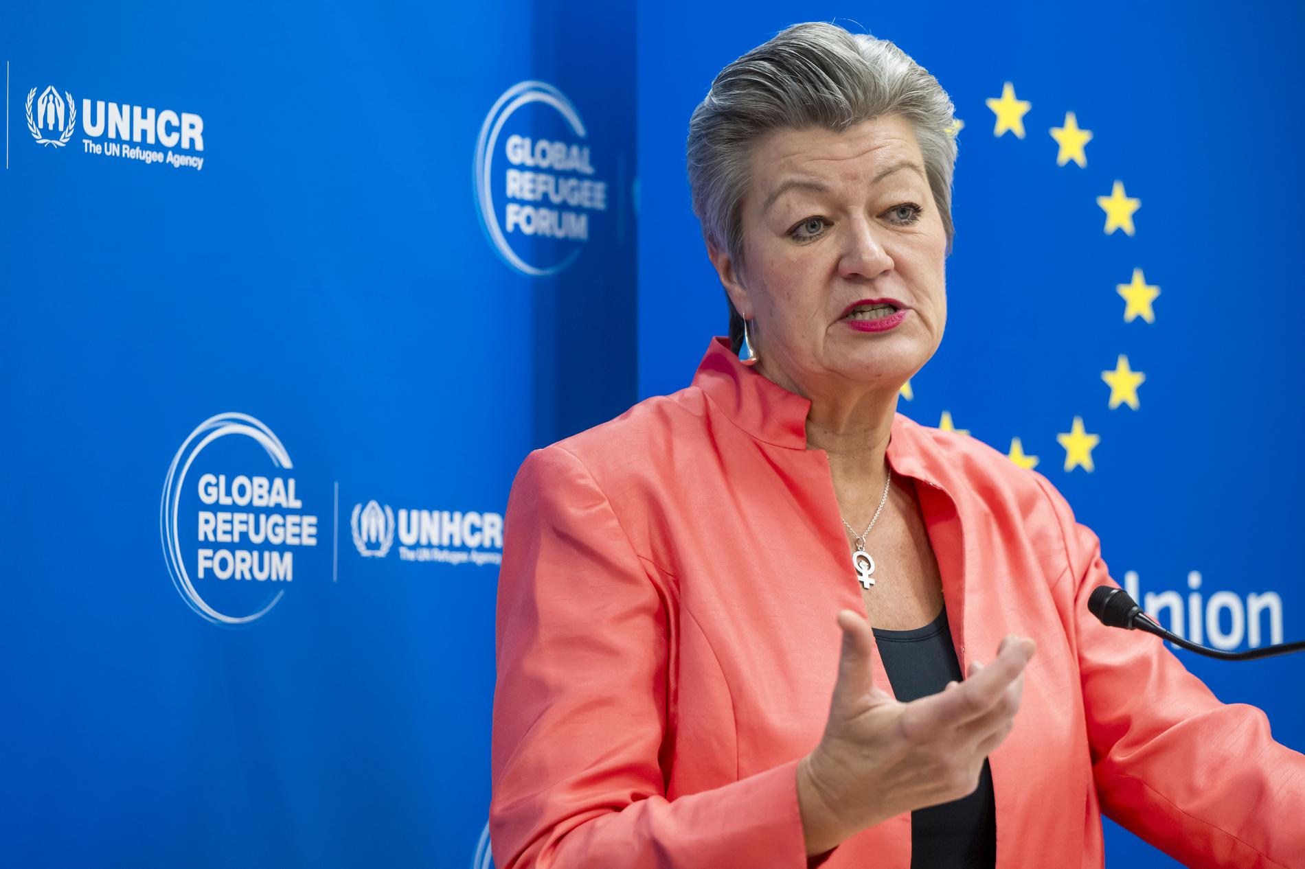 EU:s inrikeskommissionär Ylva Johansson kallar uppgörelsen om en asyl- och migrationspakt för historisk. Bild från i torsdags.