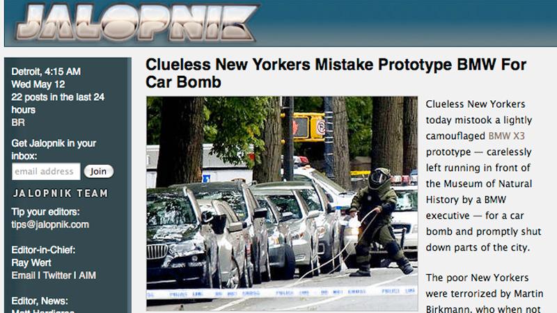Nyheten om missen i New York sprids snabbt på bloggar och hemsidor, som här hos jalopnik.com.