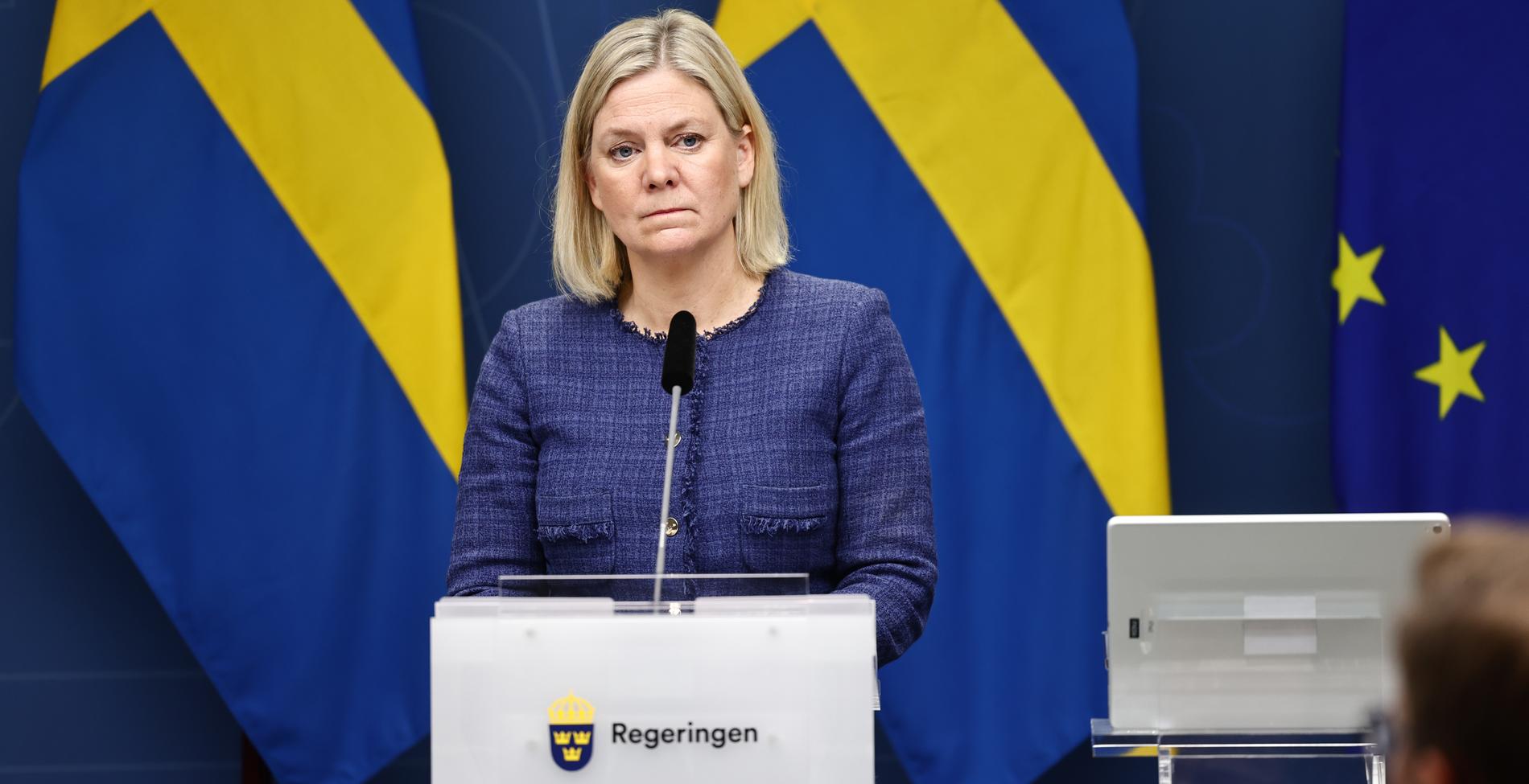 Statsminister Magdalena Andersson under dagens pressträff.