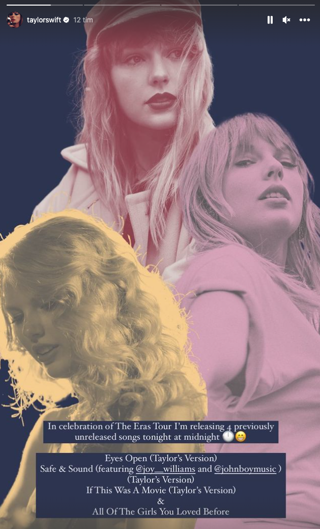 Taylor Swift om sina nya låtsläpp på Instastories.