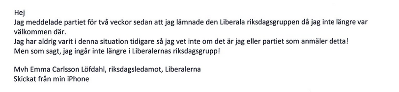 Carlsson Löfdahls mejl till riksdagen, där hon uppger att hon lämnar Liberalerna.