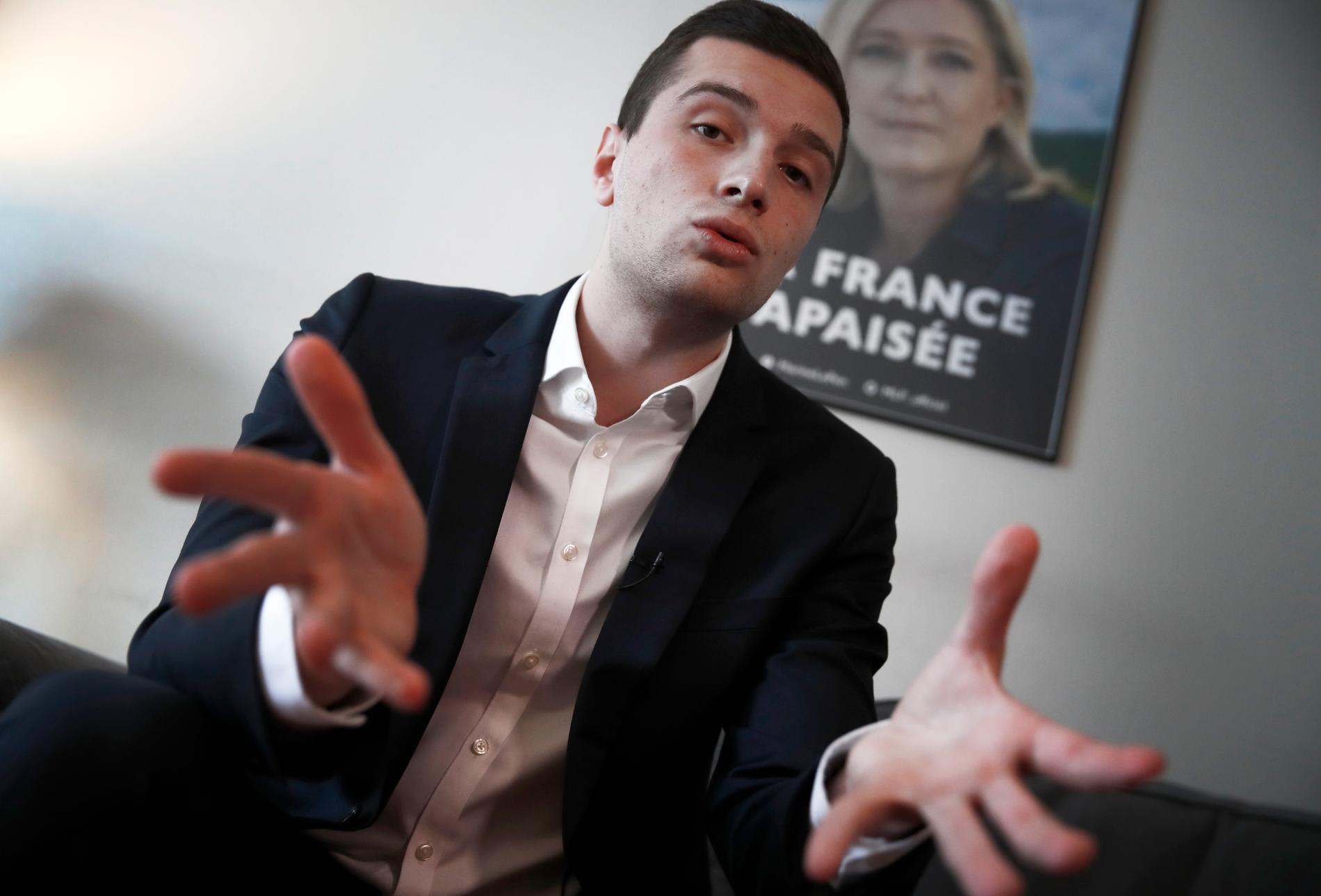 23-årige Jordan Bardella är frontfigur för franska Nationell samling (tidigare Nationella fronten) i årets EU-val. Arkivfoto.