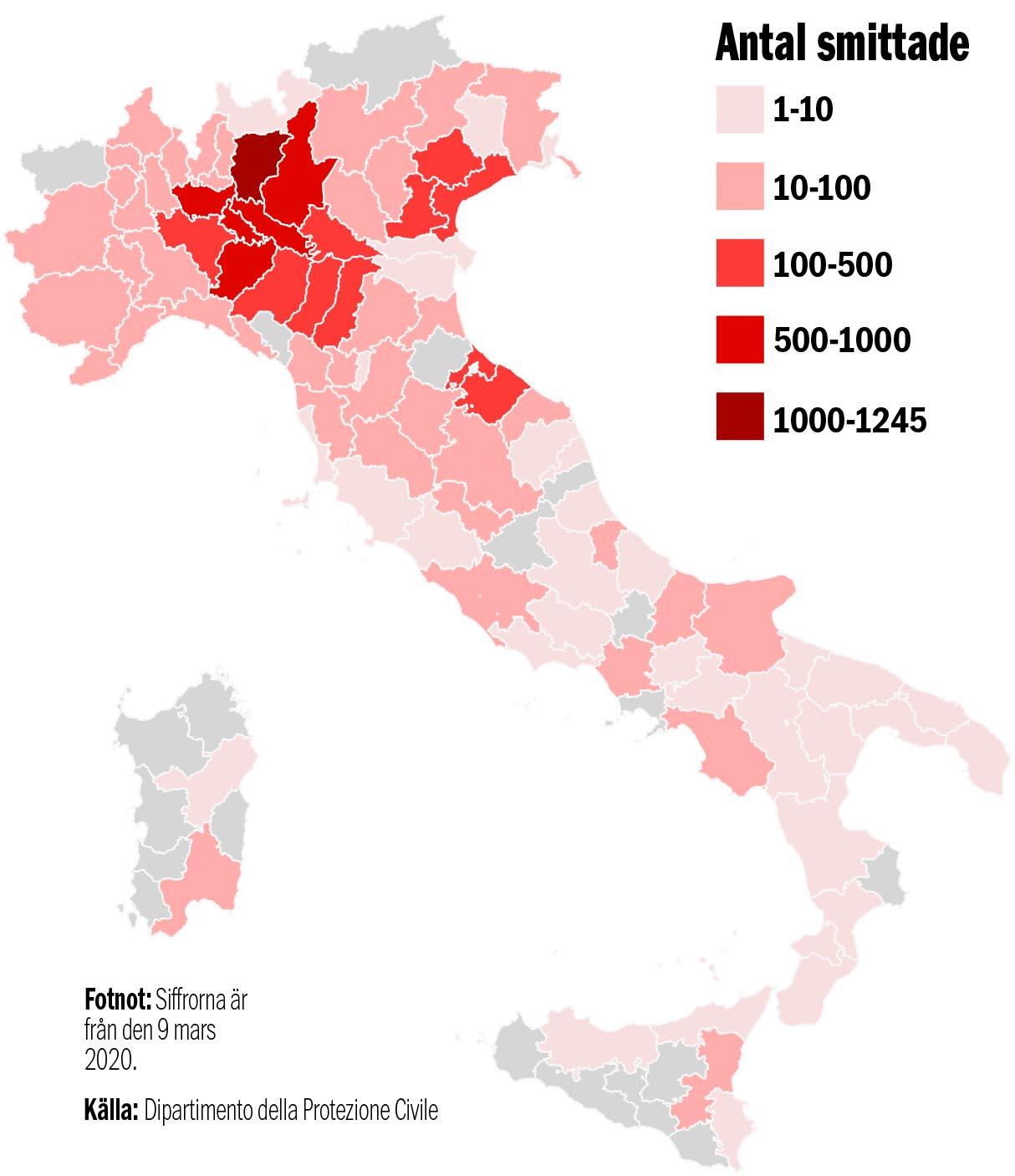 Antal smittade i Italien.