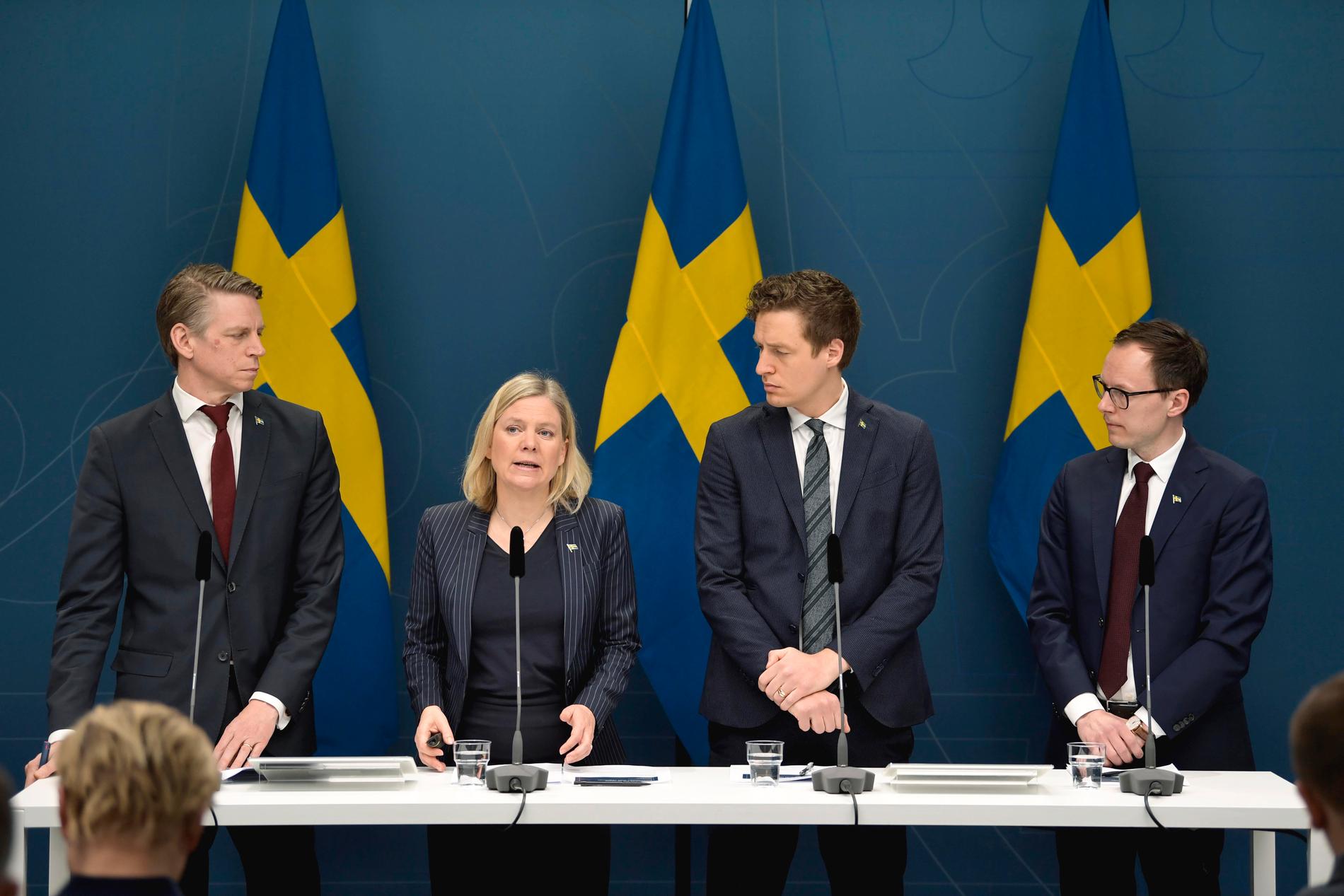 Per Bolund (MP), Magdalena Andersson (S), Emil Källström (C) och Mats Persson (L). Januaripartiernas ekonomisk-politiska kvartett