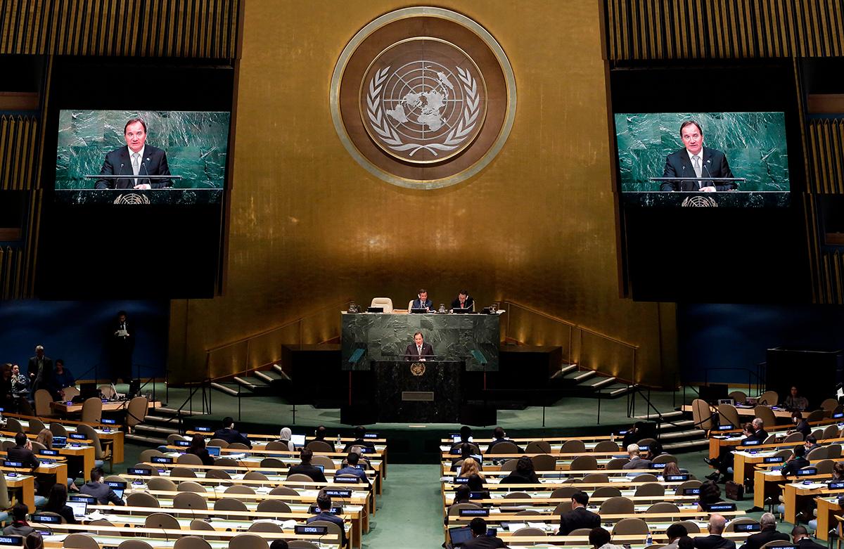 New York, USA: Stefan Löfven talade inför FN:s generalförsamling, som fyller 70 år, under onsdagen.