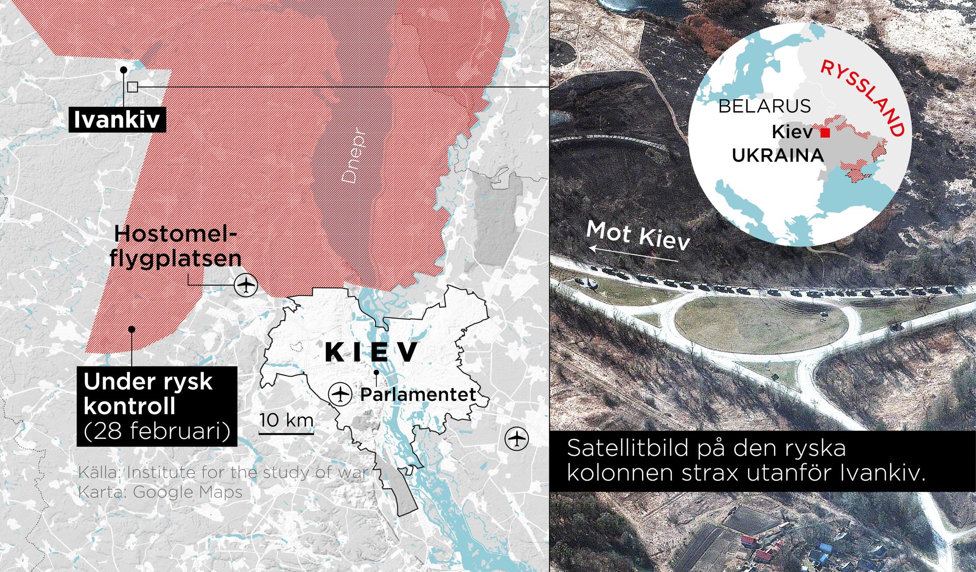 Satellitbild på den ryska militärkolonnen på väg mot Kiev.