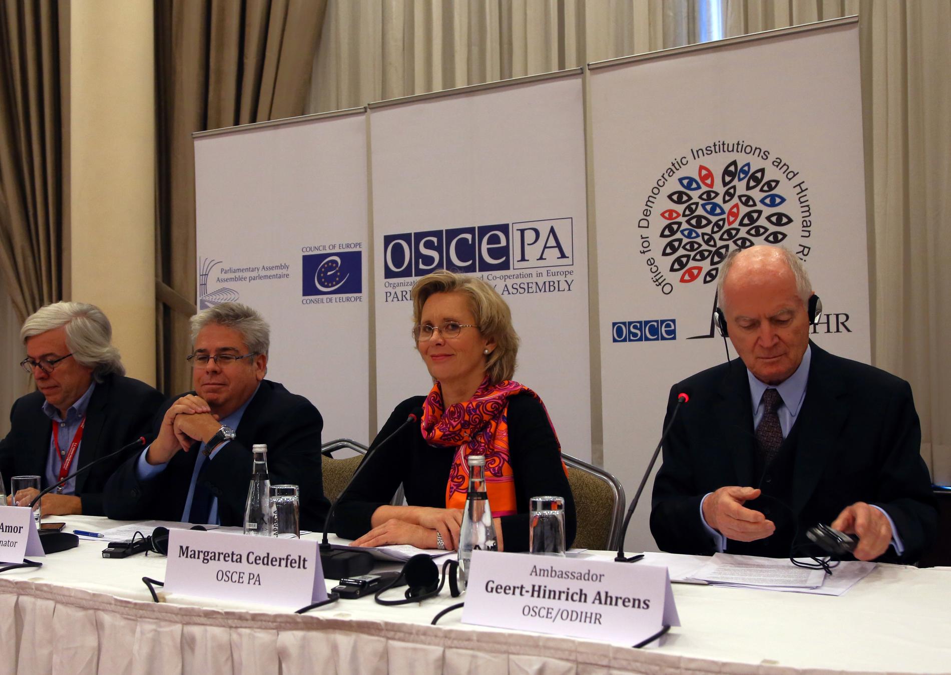 Riksdagsledamoten Margareta Cederfelt (mitten på bilden) leder en grupp valobservatörer från OSSE som granskat valet i Vitryssland. Arkivbild.