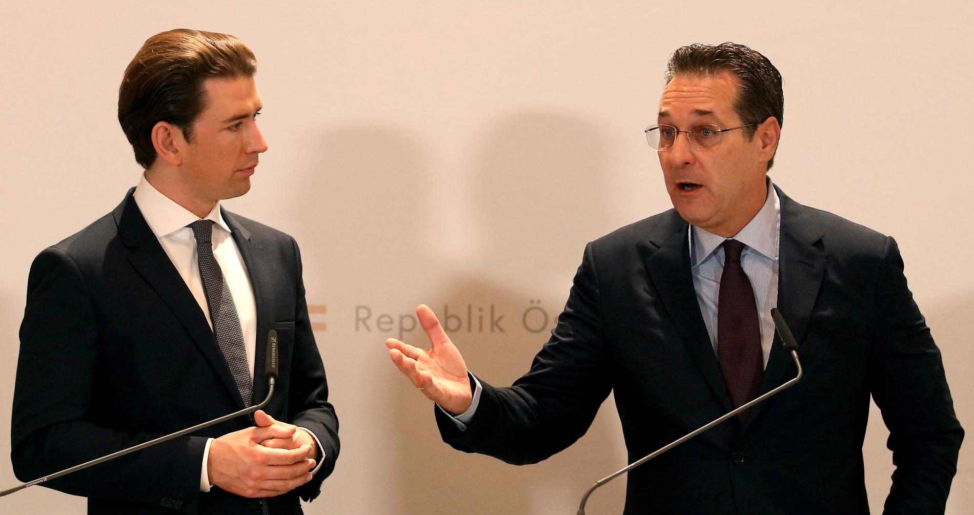 Österrikes förbundskansler Sebastian Kurz och dåvarande vicekanslern Heinz-Christian Strache innan skandalen.