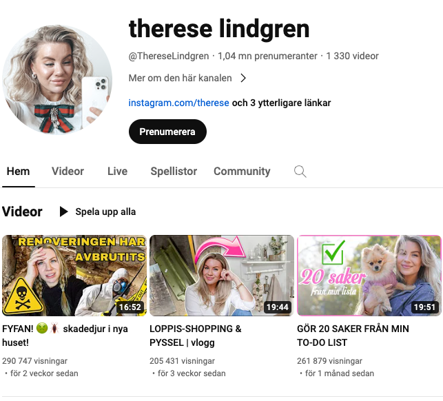 Therése Lindgrens Youtubekanal.