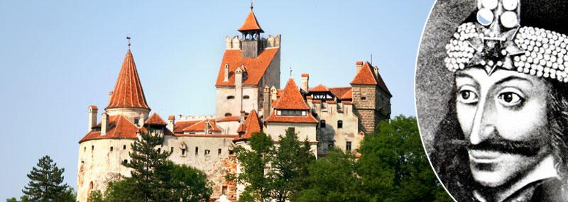 Greve Draculas slott i Bran, Transsylvanien. Vlad Tepes (till höger) var furste i Rumänien på 1400-talet och anses vara förebilden till Dracula.