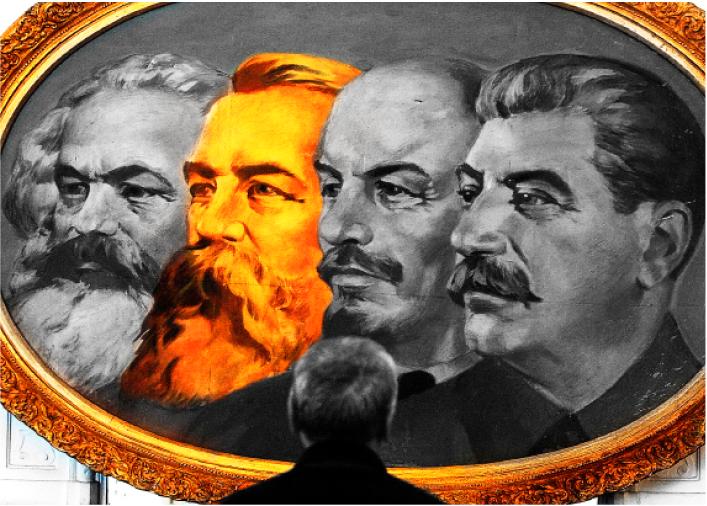 kapitalist och kommunist Friedrich Engels med kommunismens andra stora namn: Marx, Lenin och Stalin. Engels har fått skulden för vänsterns förödande talang för utrensningar, men själv varnade han för sekterism. Foto: AP (bilden manipulerad).