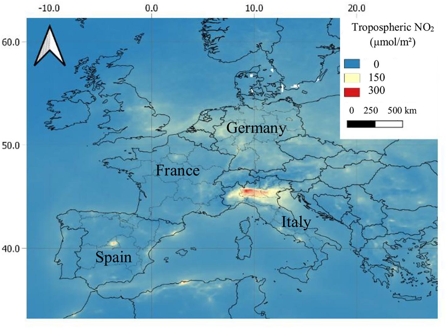 En karta över koncentrationen av kvävedioxid i atmosfären. Allra högst är den i norra Italien. 