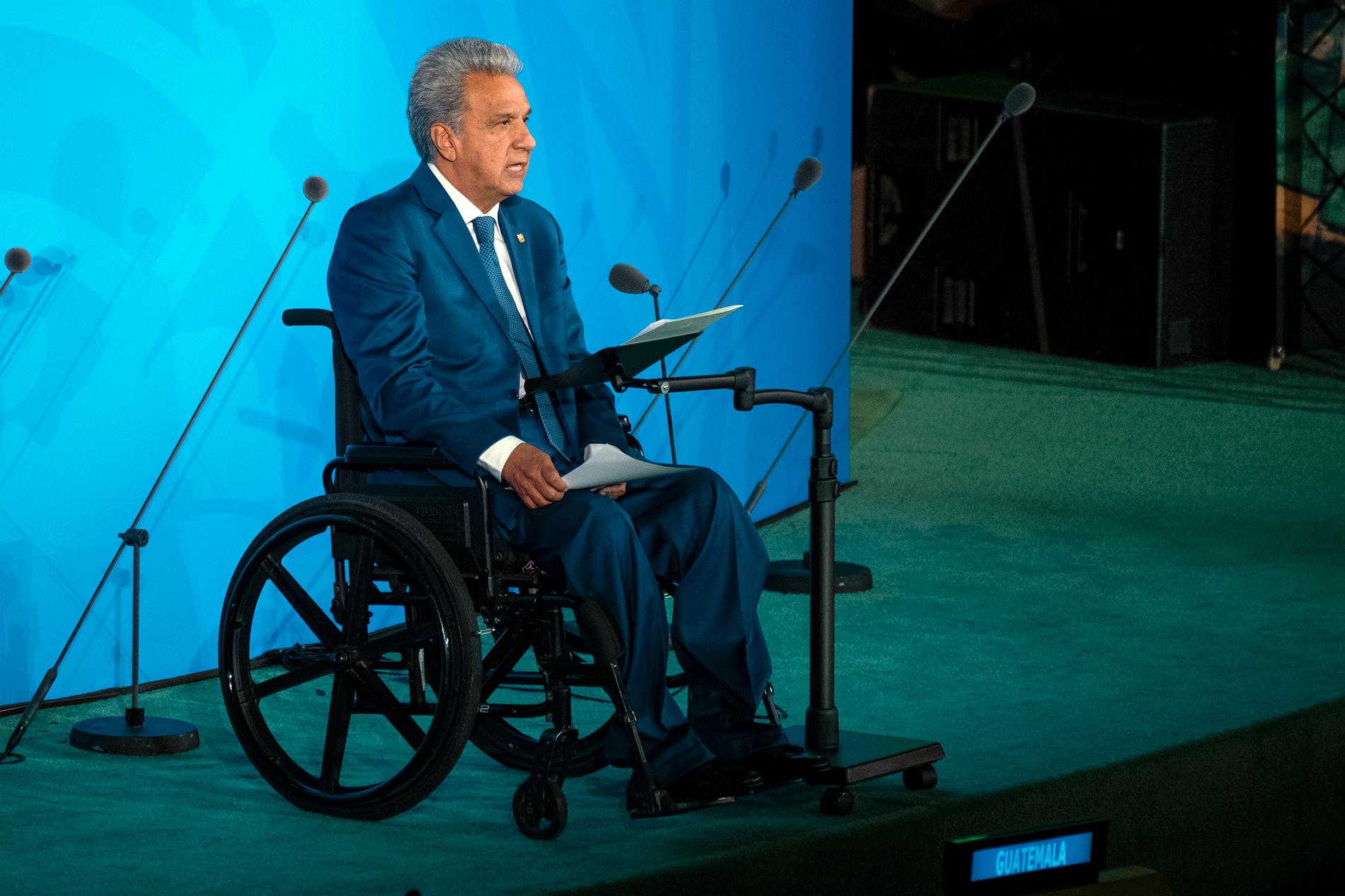 Ecuadors rullstolsburne president Lenín Moreno. Bild från hans framträdande i FN i New York i september.