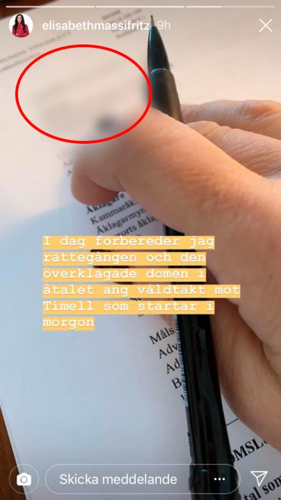 En skärmdump ur advokatens story på Instagram. I den röda ringen står Martin Timells hemadress.  Aftonbladet har dock maskerat informationen. 