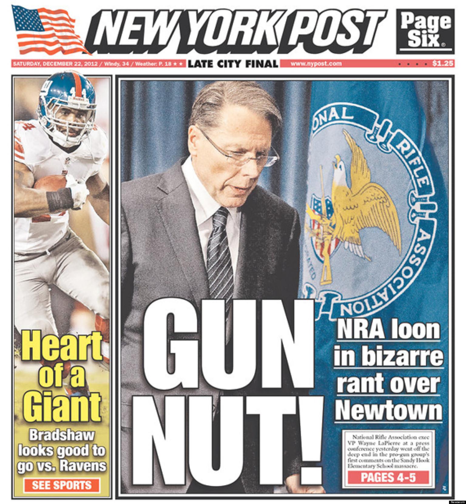 Den konservativa tidningen New York Post stämplade Wayne LaPierre som ”vapengalning”.