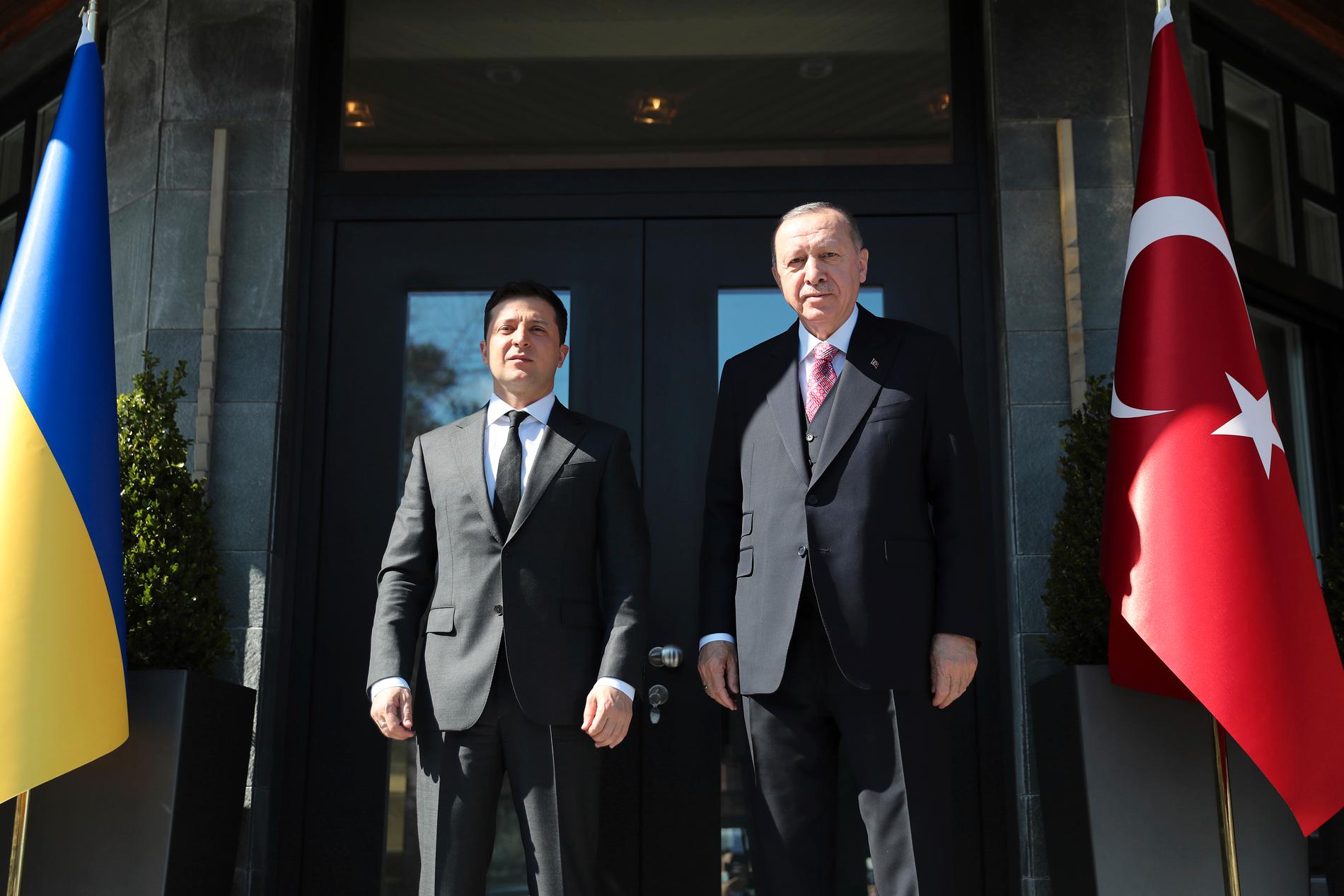 Ukrainas president Volodymyr Zelenskyj, till vänster, var i Turkiet på lördagen och besökte den turkiske presidenten Recep Tayyip Erdogan.