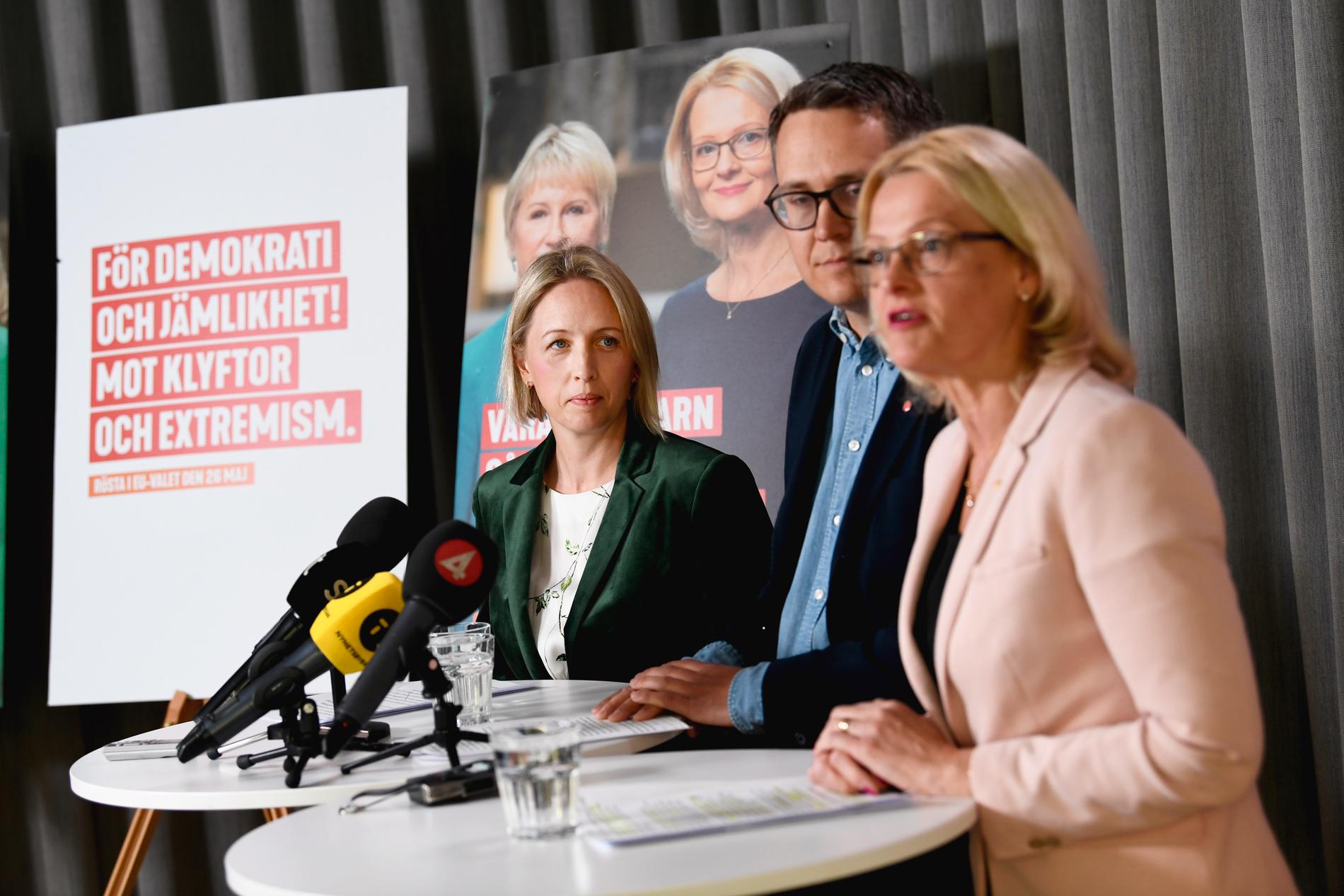 Socialdemokraternas tre toppkandidater Jytte Guteland, Johan Danielsson och Helén Fritzon presenterar partiets valplattform inför valet till Europaparlamentet.
