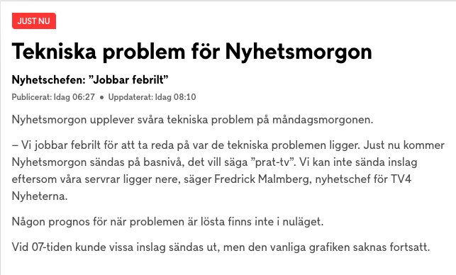 TV4:s notis om tekniska problem. 