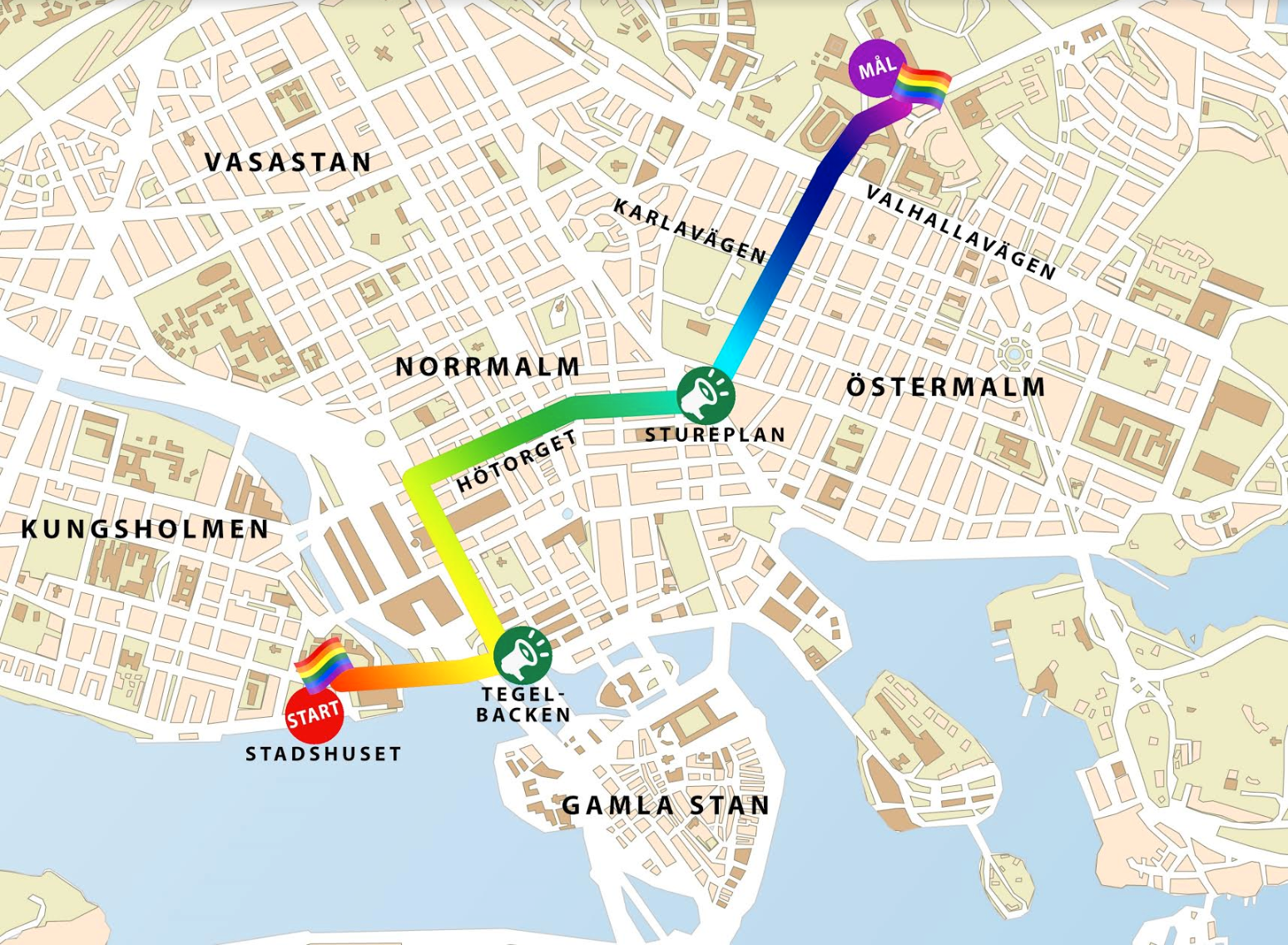 Karta över prideparadens väg genom innerstan. Den startar vid Norr Mälarstrand, och går sedan via Stadshusbron, Tegelbacken, Vasagatan, Kungsgatan, Stureplan, Sturegatan, Lidingövägen och till Östermalms IP.