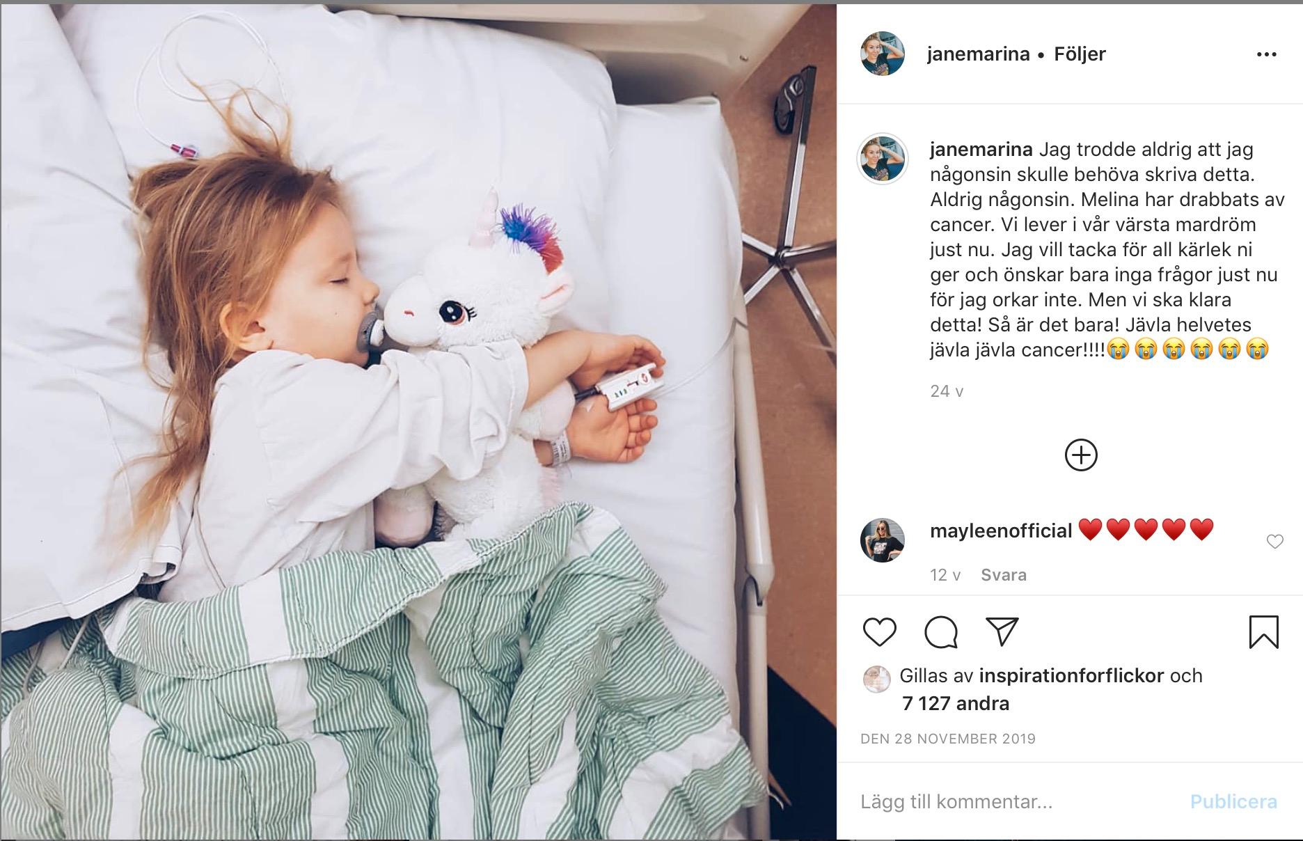 Den 28 november skriver Jane Oksanen på sitt Instagram-konto Janemarina om att hennes dotter Melina drabbats av akut leukemi. 