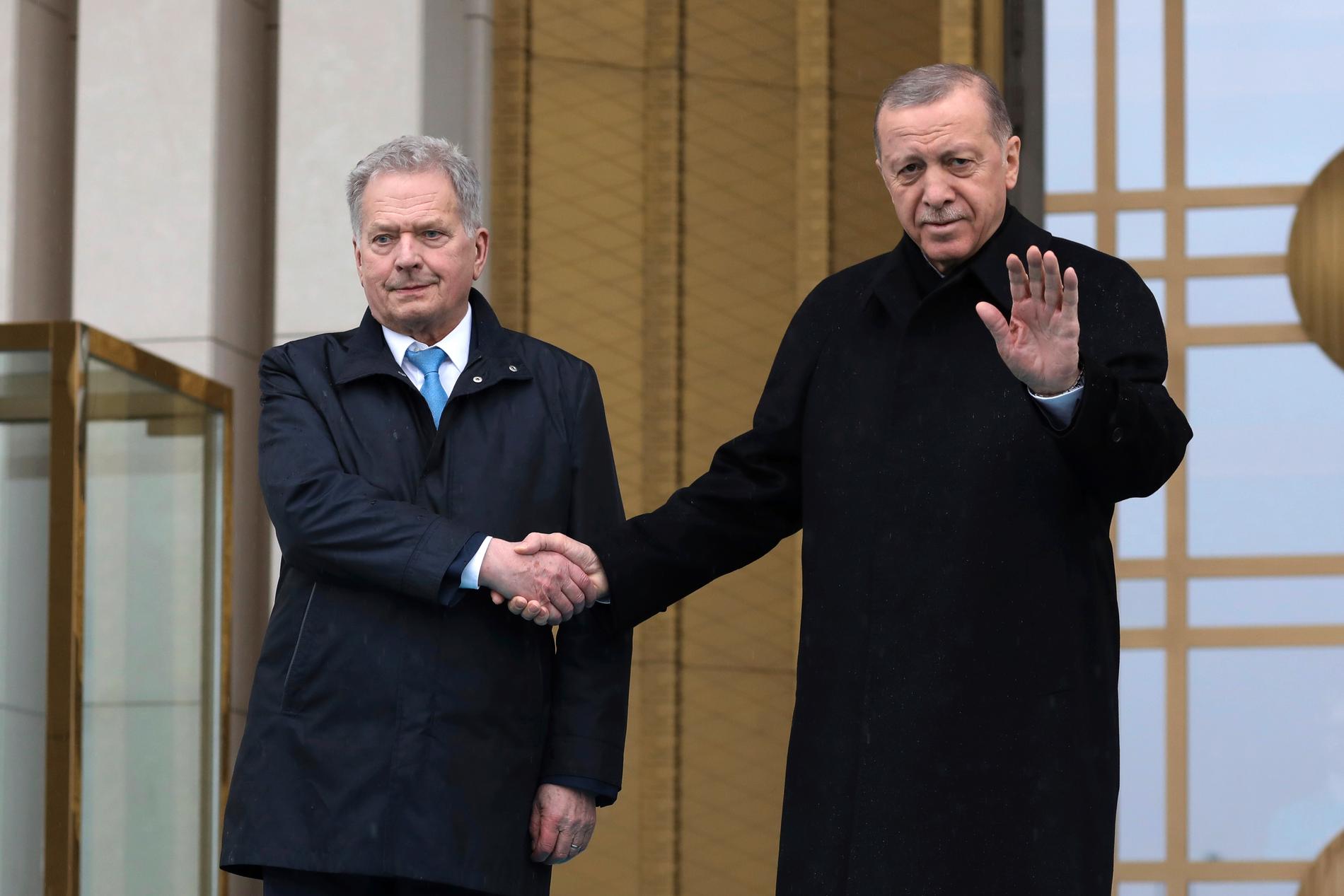 Turkiets president Recep Tayyip Erdogan, till höger, och Finlands president Sauli Niinisto skakar hand med varandra i samband Niinisto besökte Ankara den 17 mars. Arkivbild.