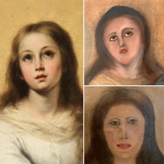 Originalmålning av Jungfru Maria (till vänster). Och de två försöken till att få målningen att likna originalet. Den här misslyckade restaureringen skedde i Valencia.