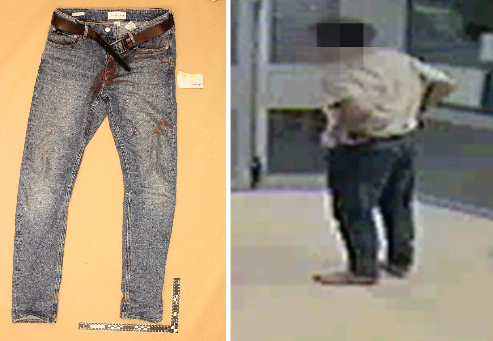 Jeansen som hittades i påsen. Till höger den nu avlidne 23-åringen före mordet, i vad som förefaller vara samma byxor. 
