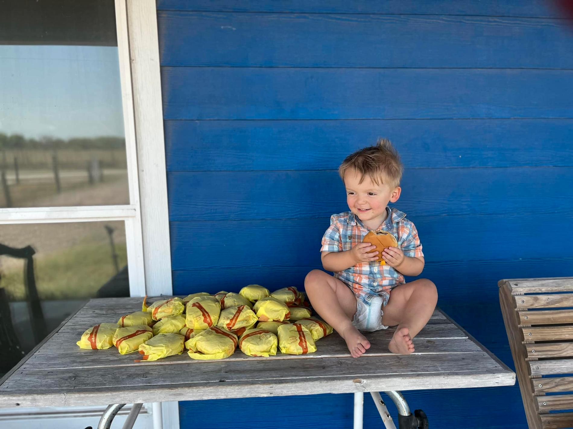 Tvårårige Barrett råkade köpa 31 cheeseburgare när han lekte med sin mammas mobil. 