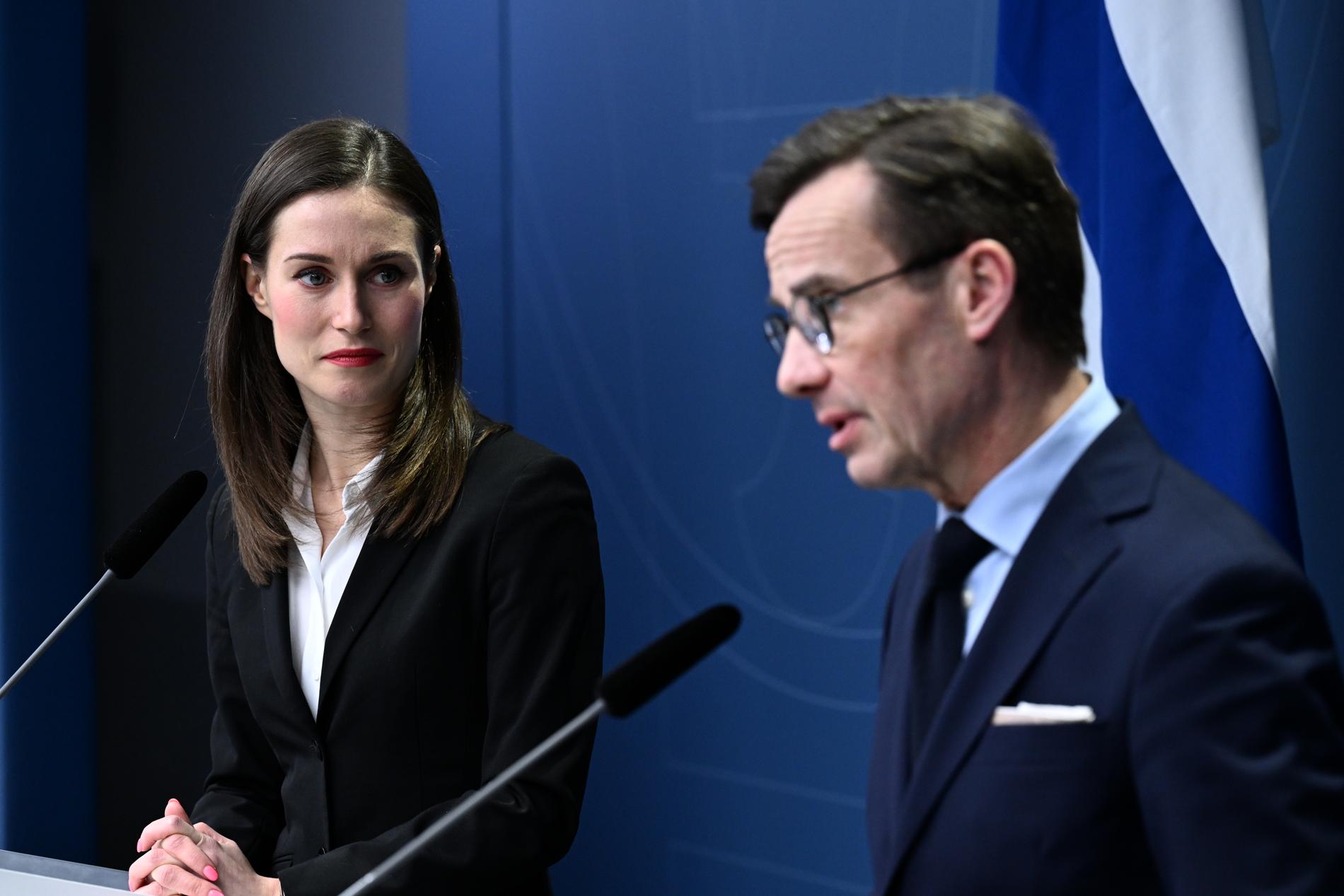 Finlands statsminister Sanna Marin tillsammans med statsminister Ulf Kristersson på en gemensam presskonferens i Stockholm på torsdagen.