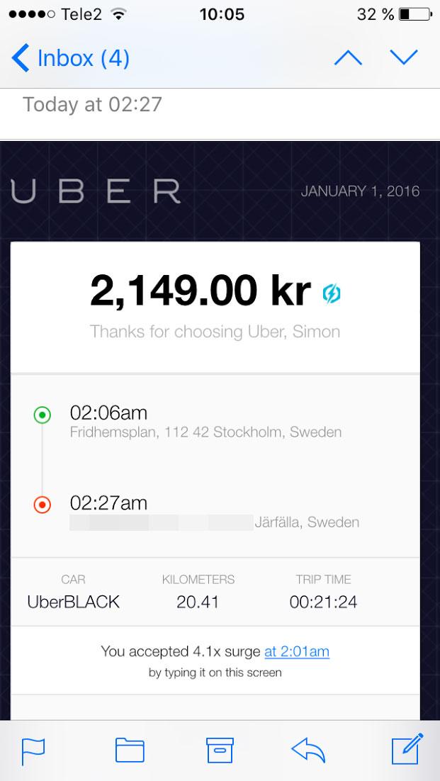 ”Över 2 000 kronor för att åka 20 minuter, det är nästan ockerpris”, säger Uber-kunden Simon Vesterlund.