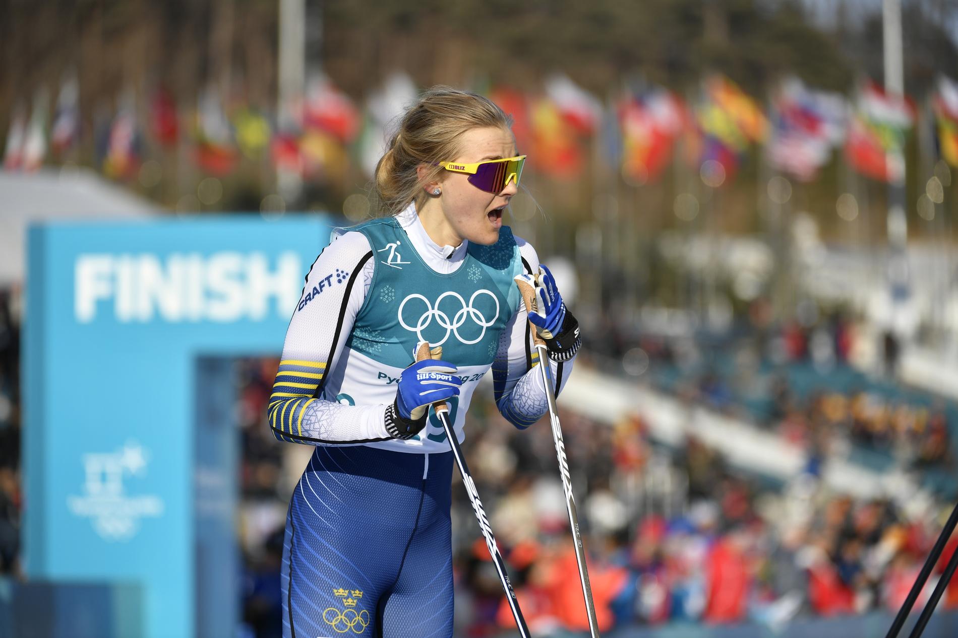 Stina Nilsson chockad efter målgången i tremilsloppet.