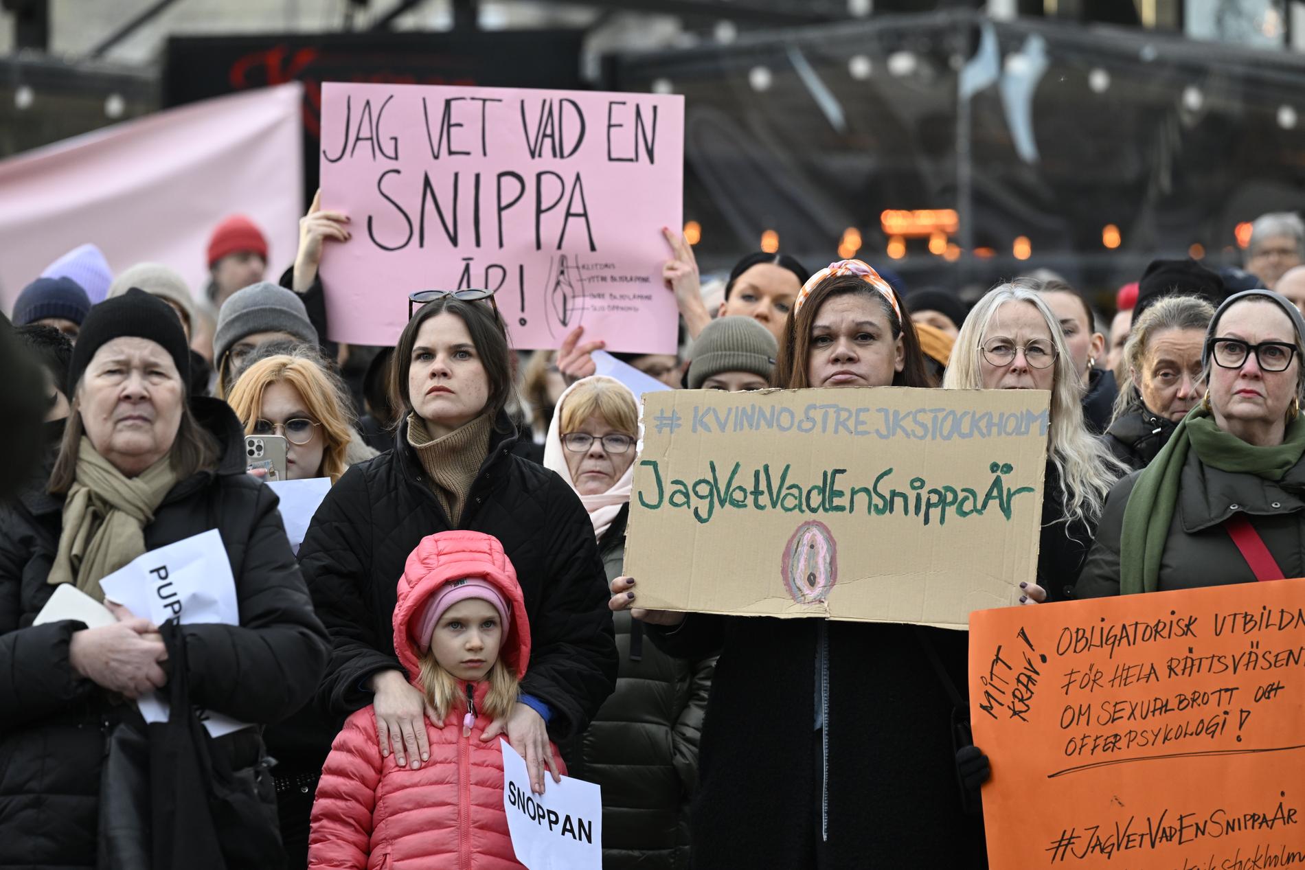 Manifestationen ”Vi vet vad en snippa är” i Stockholm efter den friande domen förra året. 