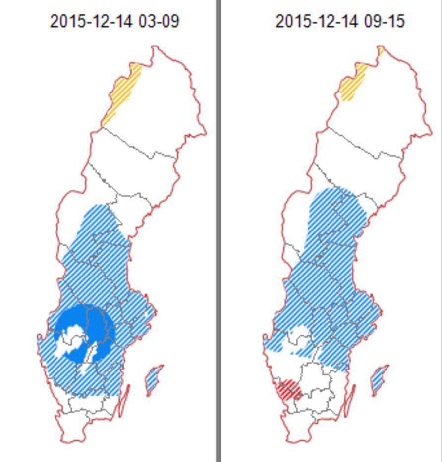 I de markerade områdena är det risk för halka under dagen. På den vänstra kartan är halkprognosen mellan 03 i natt och 9 på morgonen - på den högra mellan 9 och 15.