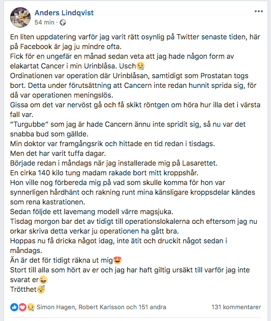 Anders Lindqvist egna inlägg på Facebook.