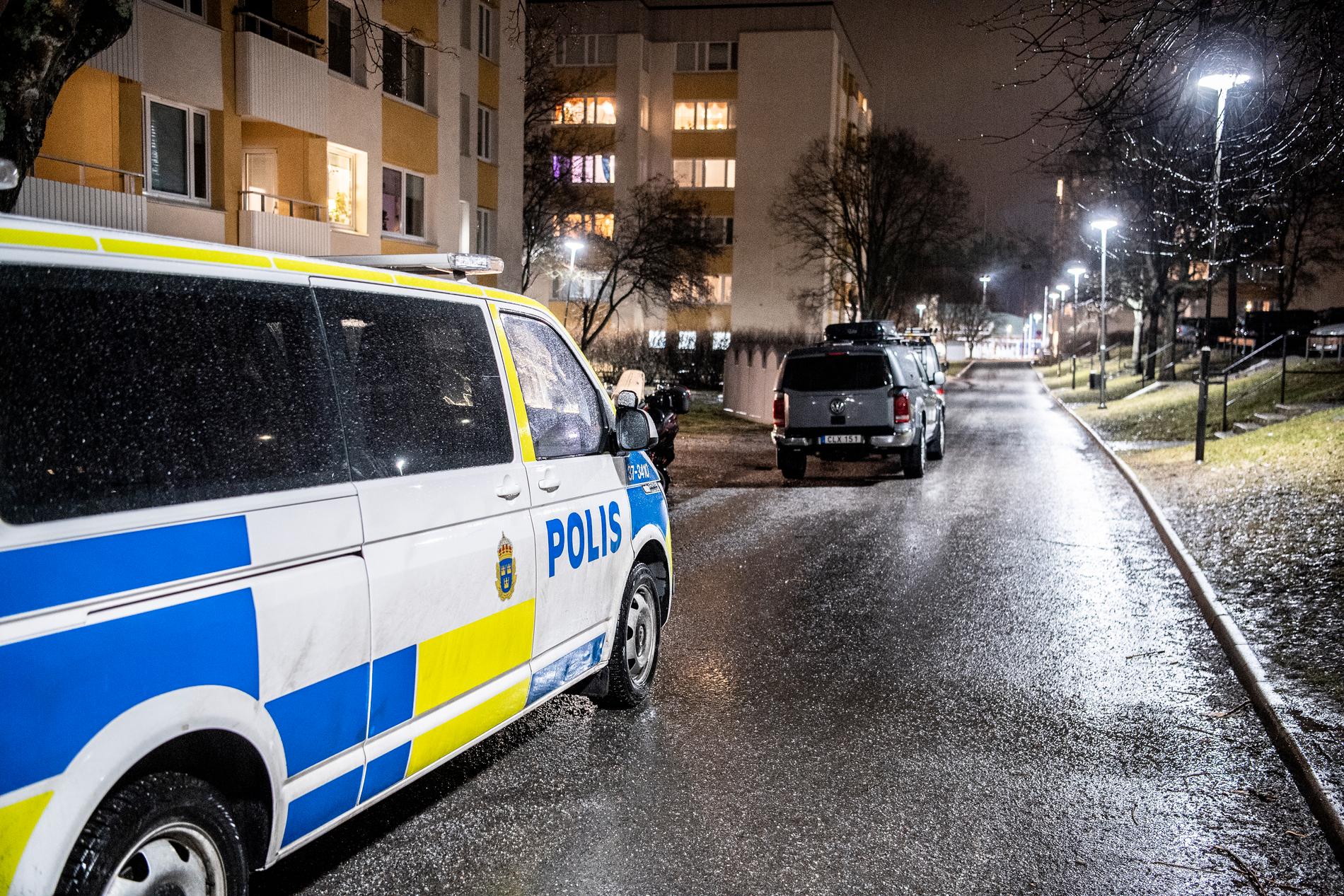 Flera patruller, insatsstyrkan, kriminaltekniker och specialsökhund deltog i fredagens polisinsats i Skogås.