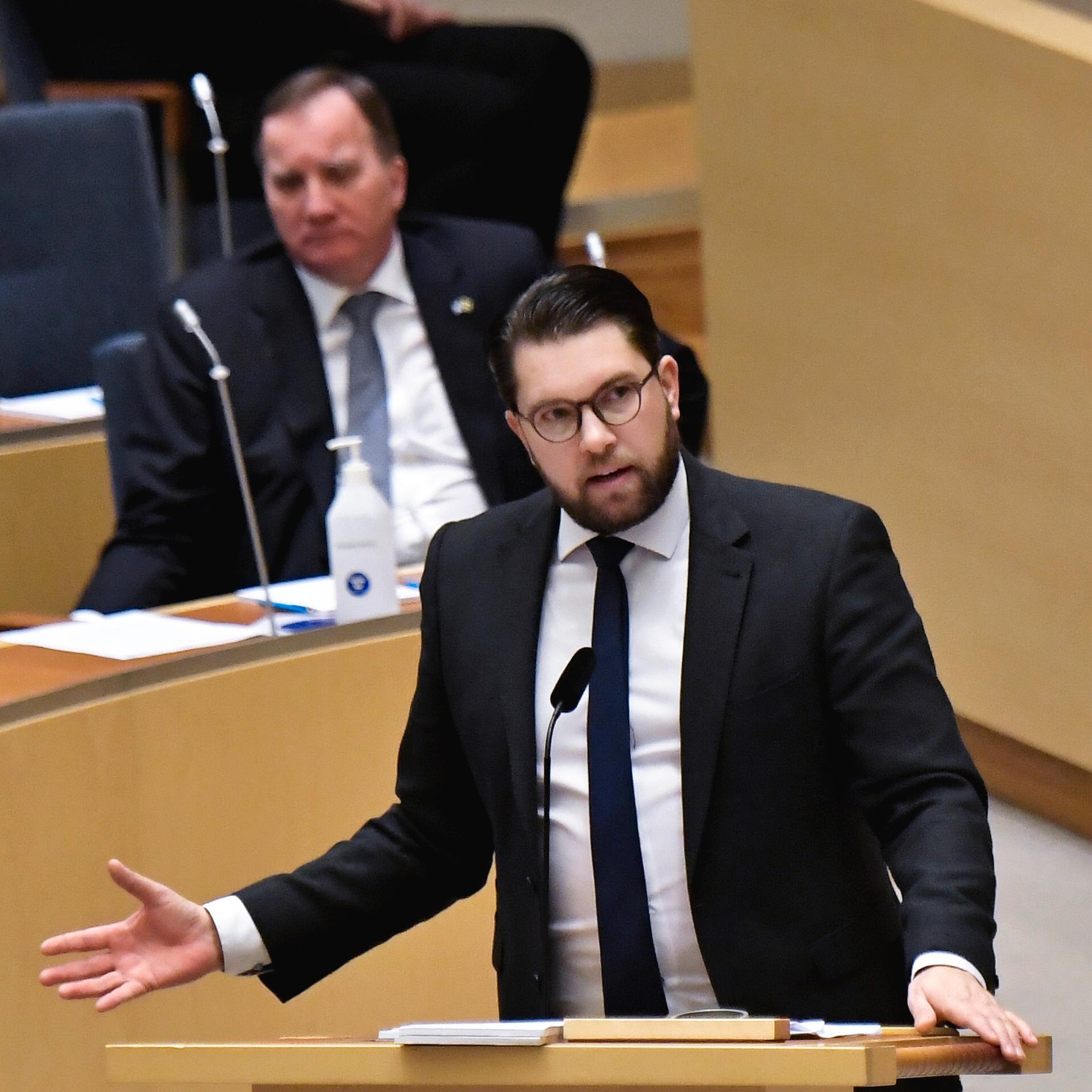 Sverigedemokraternas partiledare Jimmie Åkesson (SD) under dagens partiledardebatt i riksdagen. Foto: Janerik Henriksson / TT