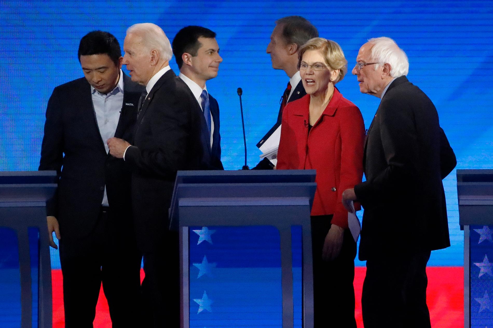 Aspirerande presidentkandidaterna Andrew Yang, Joe Biden, Pete Buttigieg, Tom Steyer, Elizabeth Warren och Bernie Sanders. Michael Bloomberg deltog inte i debatten. 