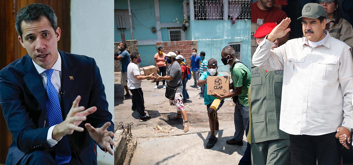 Juan Guaidó (t v) har godkänts som Venezuelas  president av 60 nationer. Nicolás Maduro (t h) hävdar att han fortfarande är president. Samtidigt lider befolkningen där de fattigaste lever på den så kallade Clap-lådan som ska innehålla de viktigaste produkterna för ett hushåll.