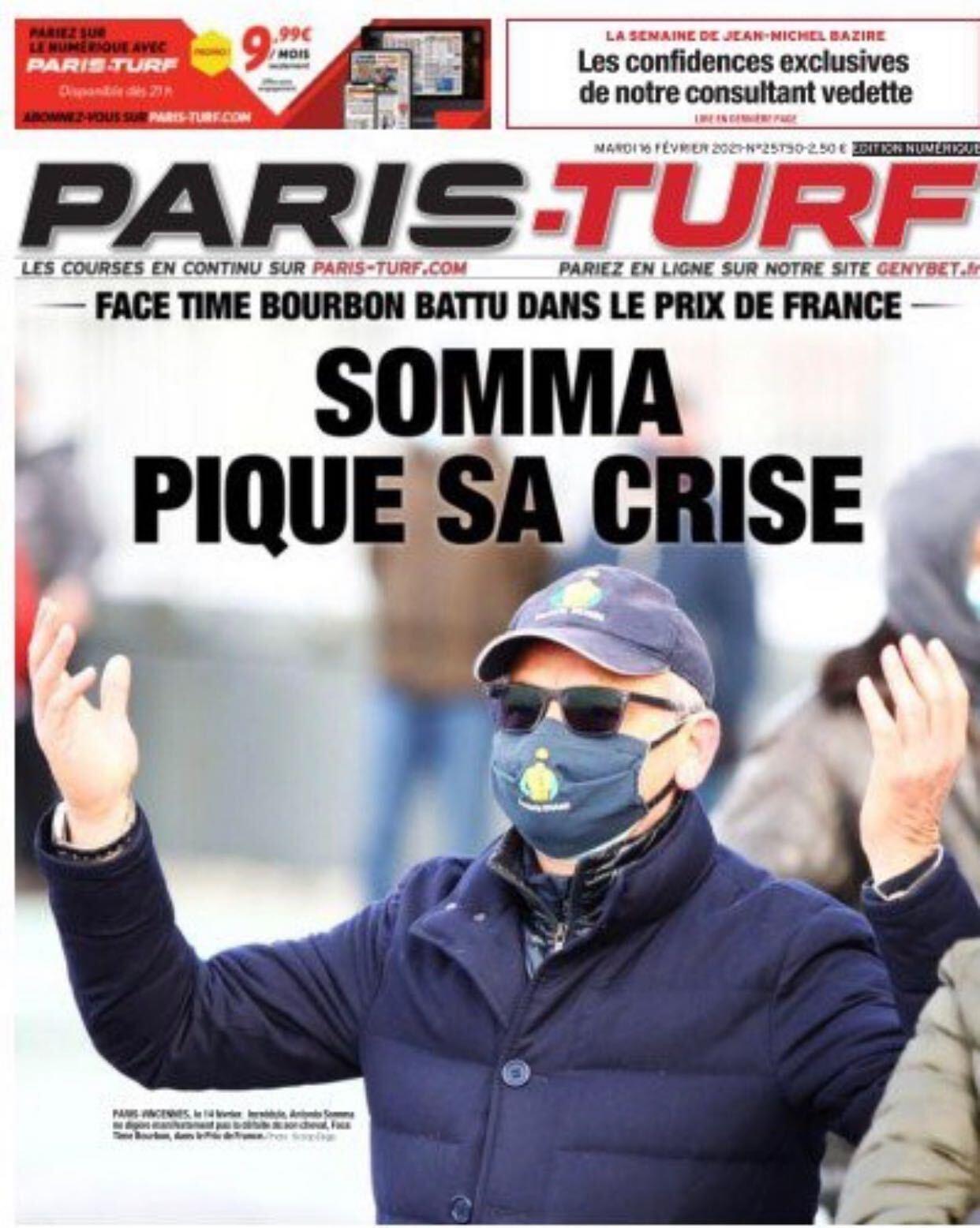 En uppgiven Antonio Somma pryder Paris-Turfs sida.