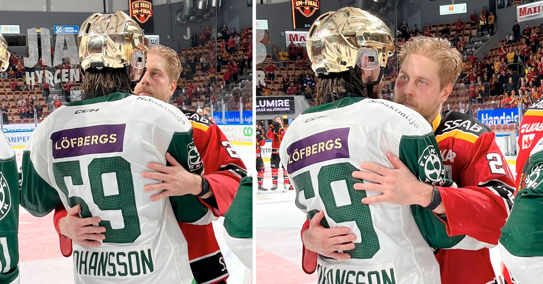 Linus Johansson får en kram och en ursäkt av Juhani Tyrväinen.