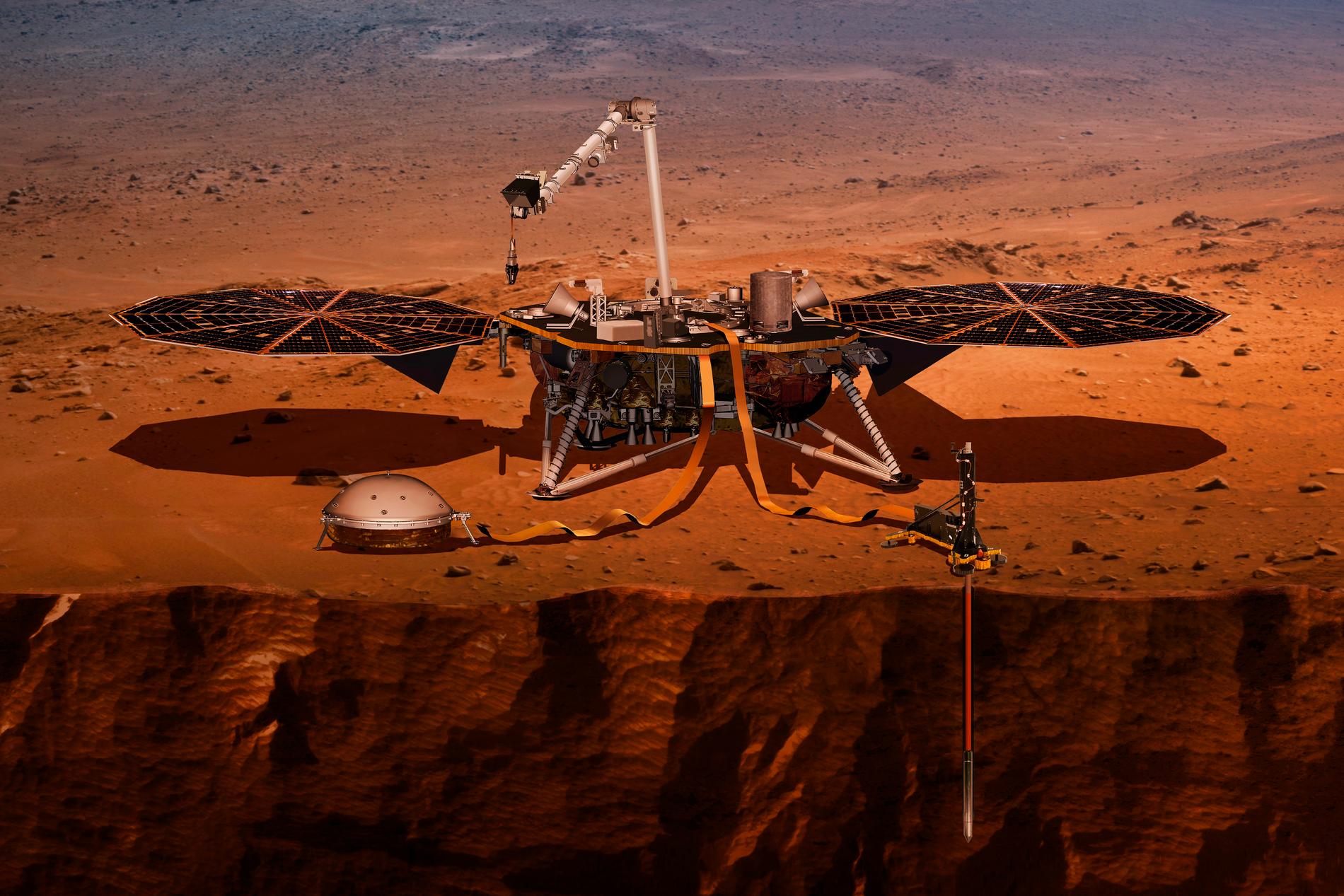 En illustration från Nasa som visar hur Insight borrar sig ner i Mars yta. I början av nästa vecka är det dags för rymdfarkosten att landa.