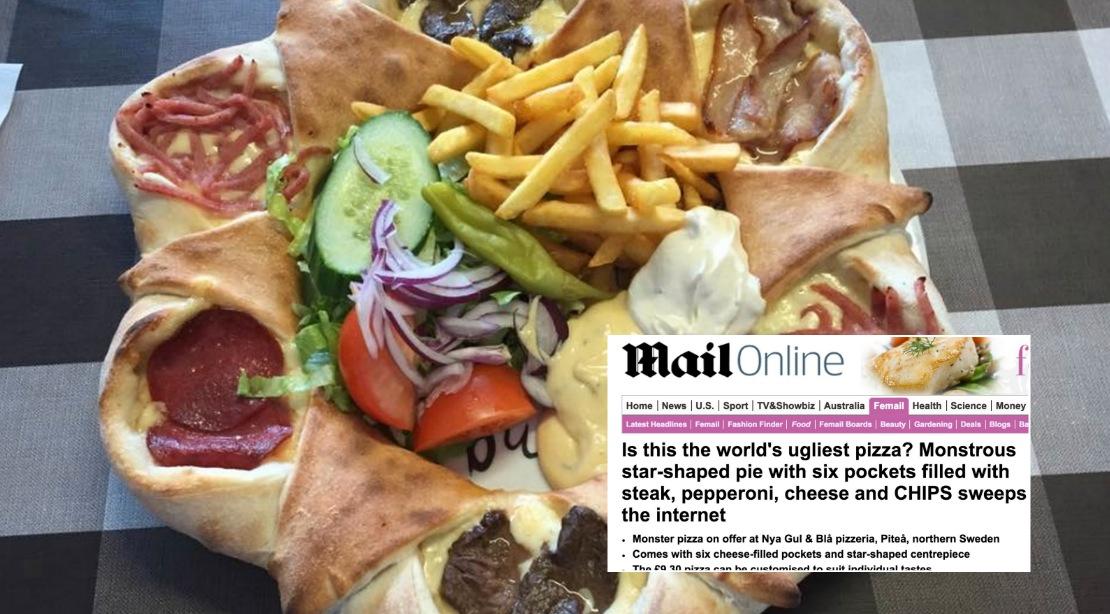 Pizzan hånas av stora tidningen. Foto: Nya Gul & Blå / Faksimil Daily Mail.