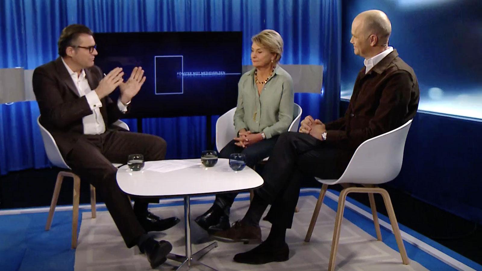SVT:s mediedirektör Jan Helin, förre vd:n Eva Hamilton och TV4:s vd Casten Almqvist i ”Fönster mot medievärlden”.