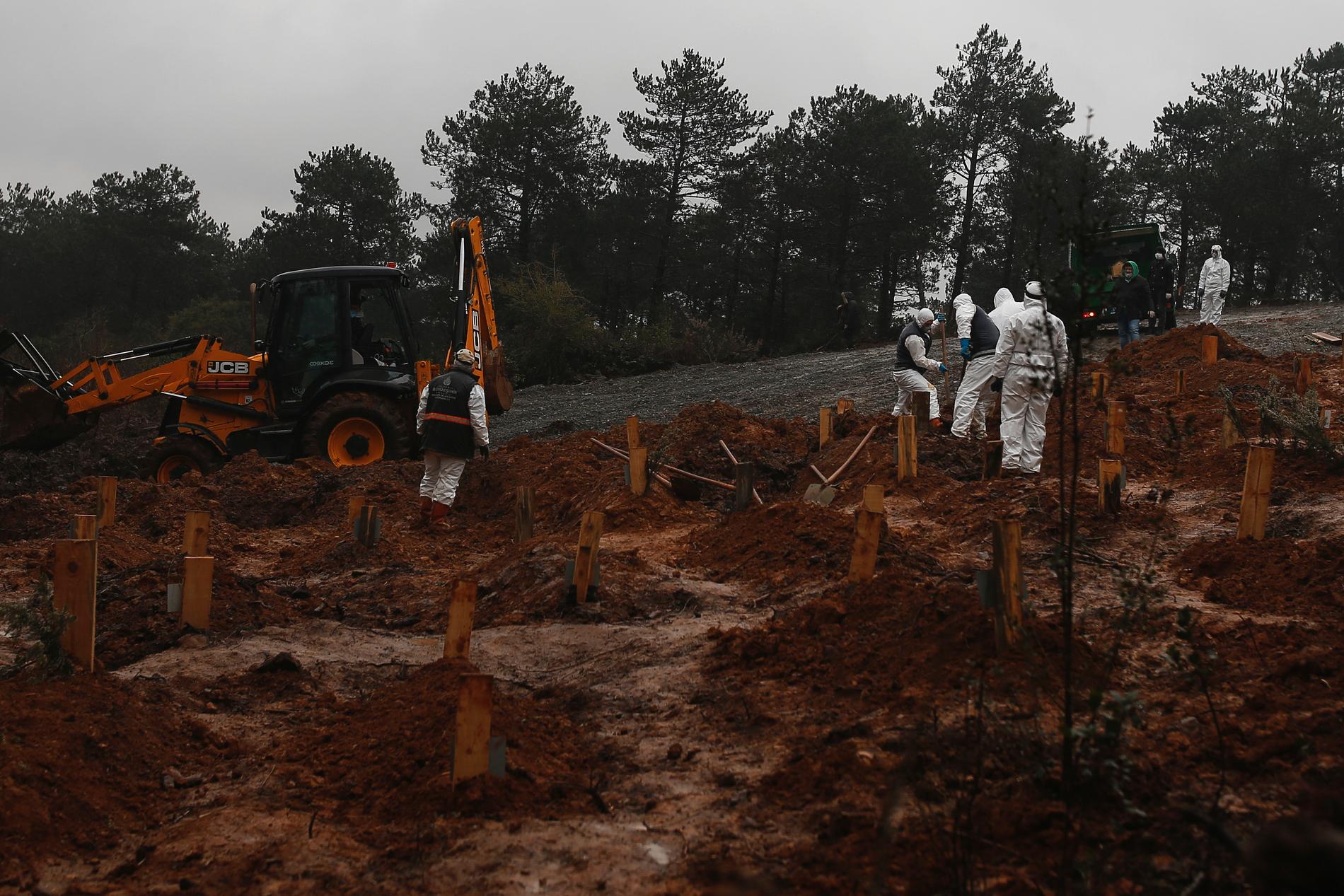 ISTANBUL, TURKIET Hälsovårdsarbetare gräver gravar i en nyanlagd begravningsplats i Beykozdistriktet. Myndigheterna har anvisat att den bara ska användas till offer för covid-19. Under söndagen steg antalet döda till 131 i hela Turkiet.