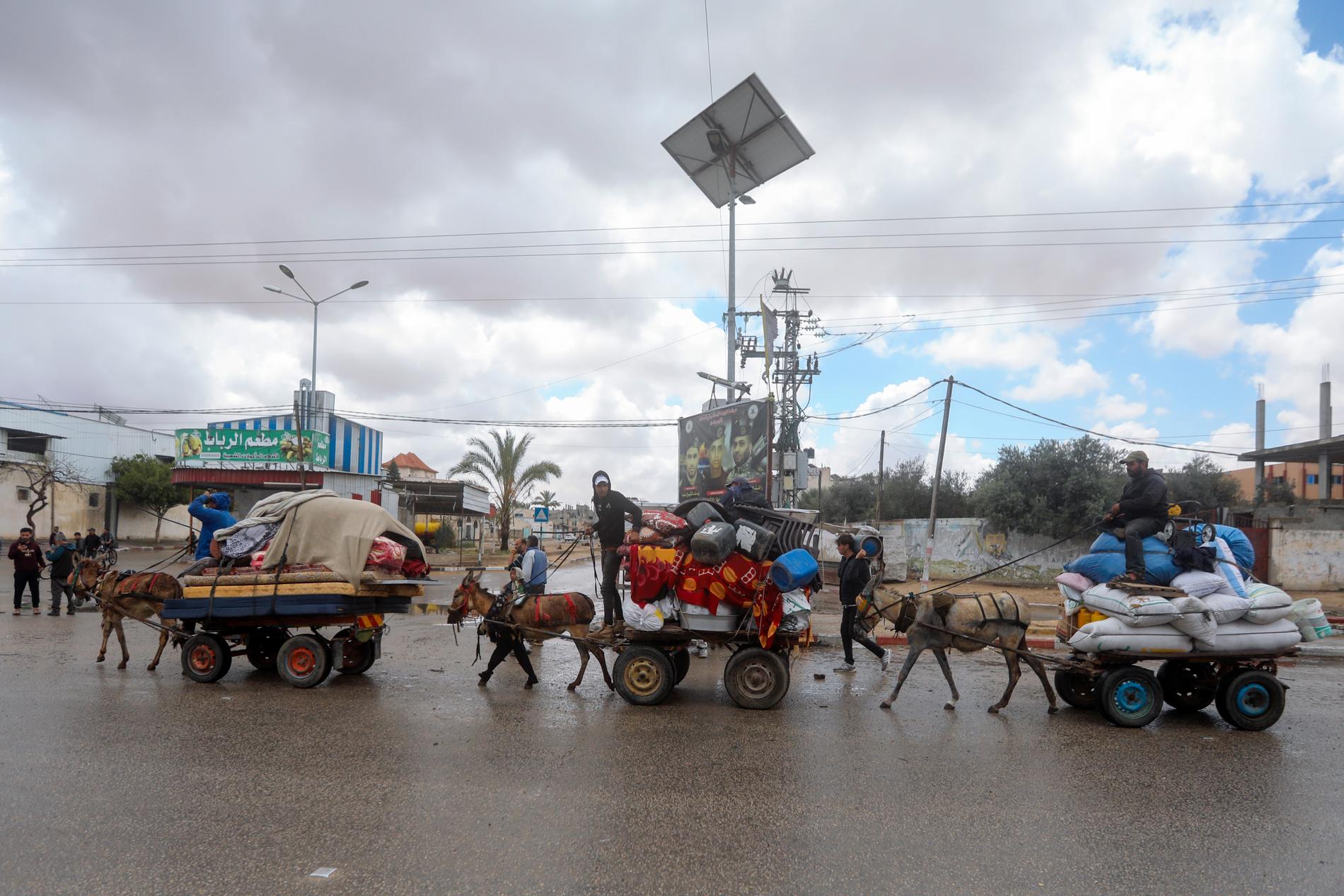 Palestinier flyr östra Rafah under måndagen.