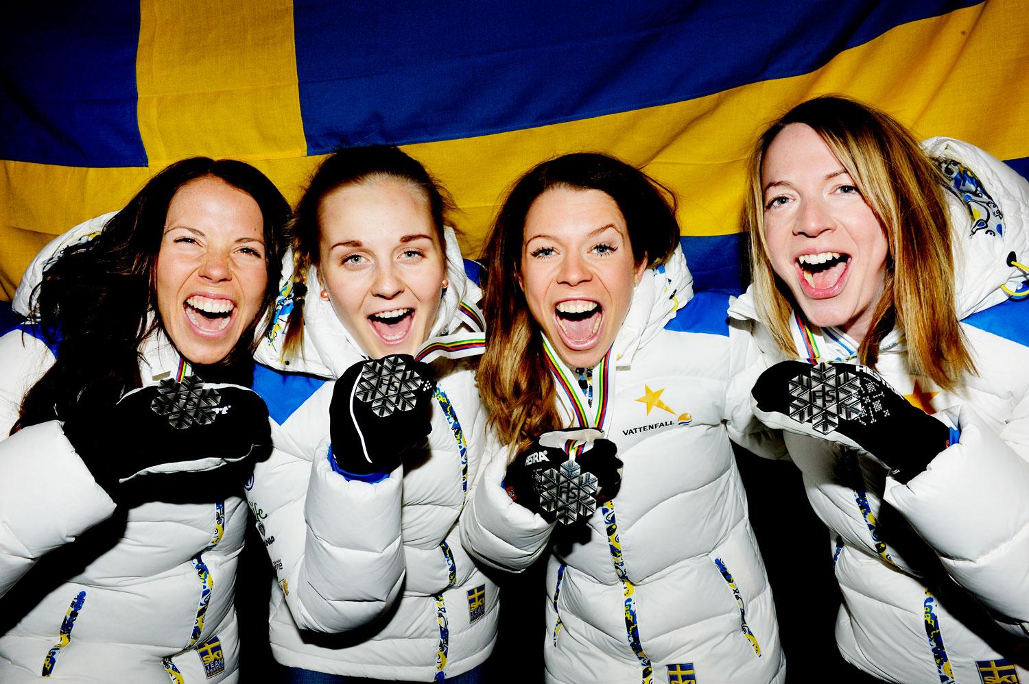 Charlotte Kalla, Stina Nilsson, Maria Rydqvist och Sofia Bleckur tog silver på stafetten i VM i Falun förra året.