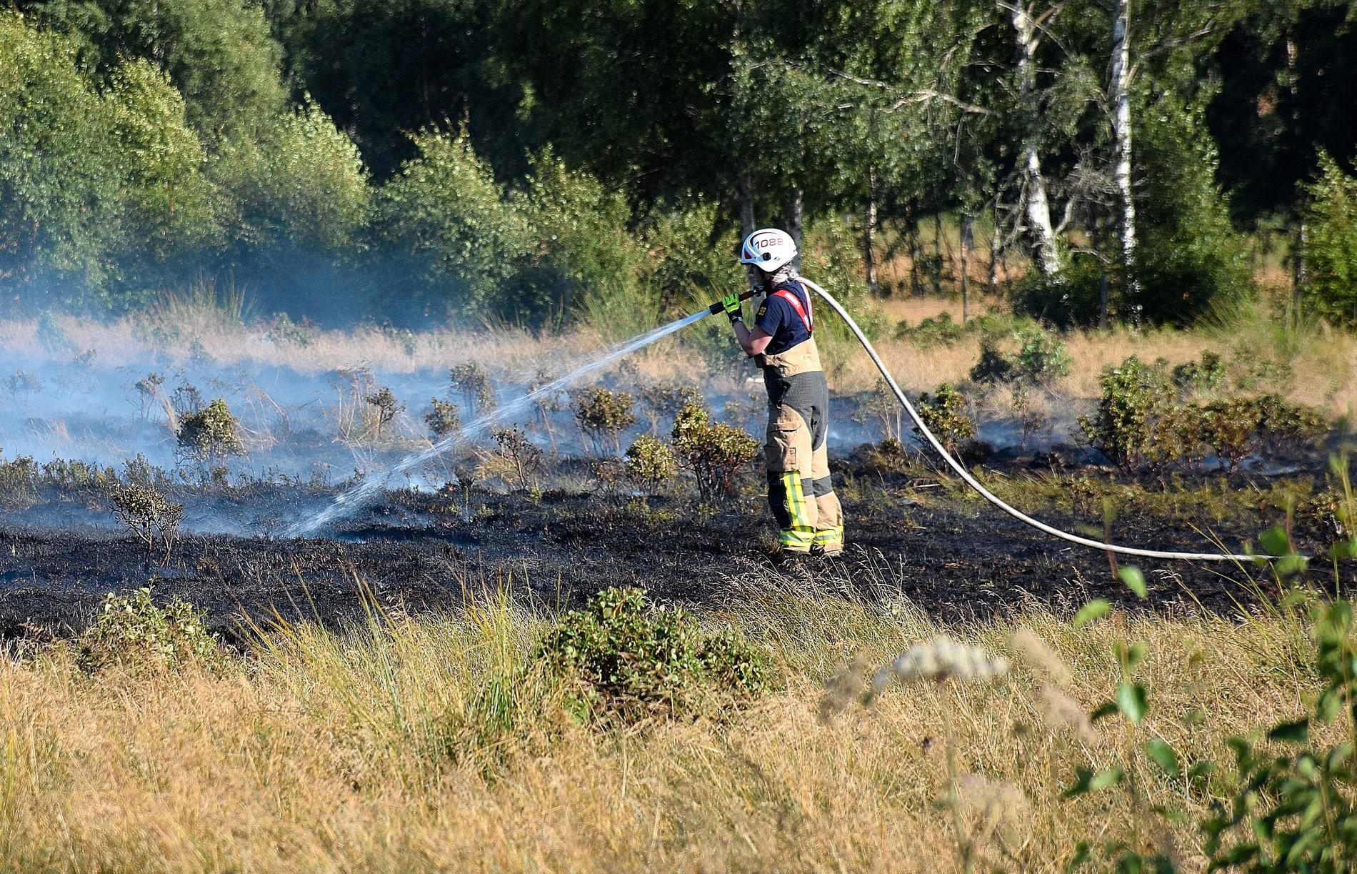 En brandman släcker en markbrand, dock inte i Stockholmstrakten. (Arkivbild.)