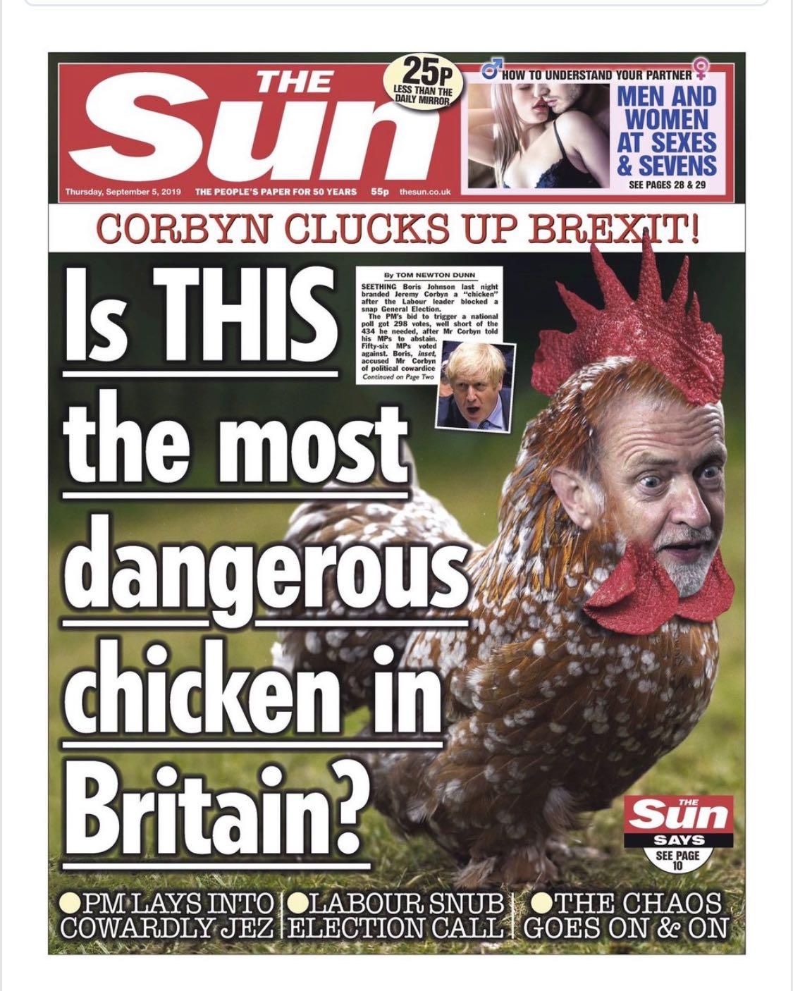 The Suns första sida med Jeremy Corbyn som kyckling. 