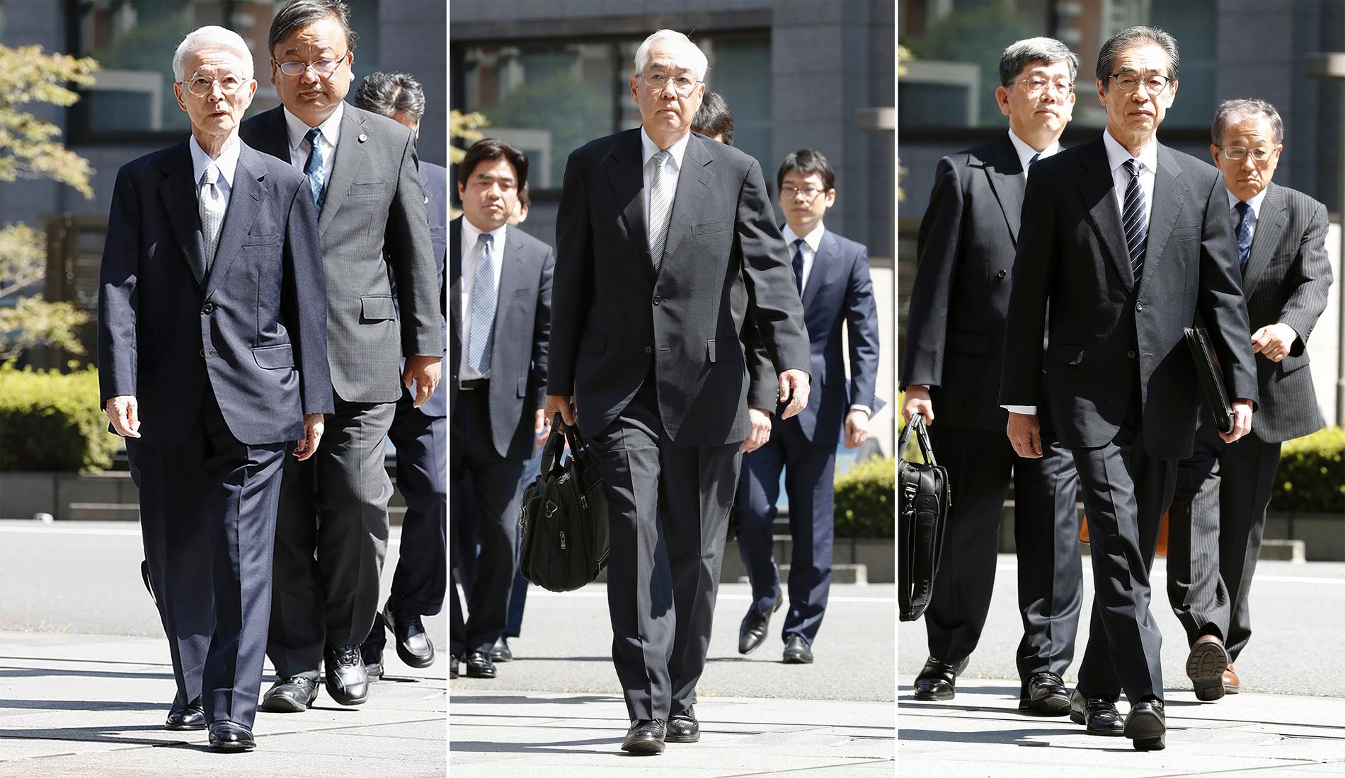 Från vänster: Tepcos tidigare styrelseordförande Tsunehisa Katsumata och vice cheferna Sakae Muto och Ichiro Takekuro anländer till domstolen i Tokyo på torsdagen. Bilden är ett montage.